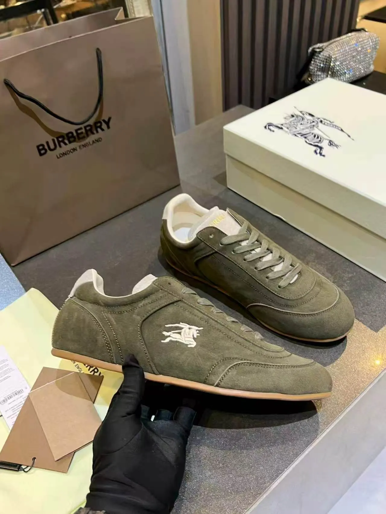 Burberry Knight Olive Green Suede Lifestyle Sneakers