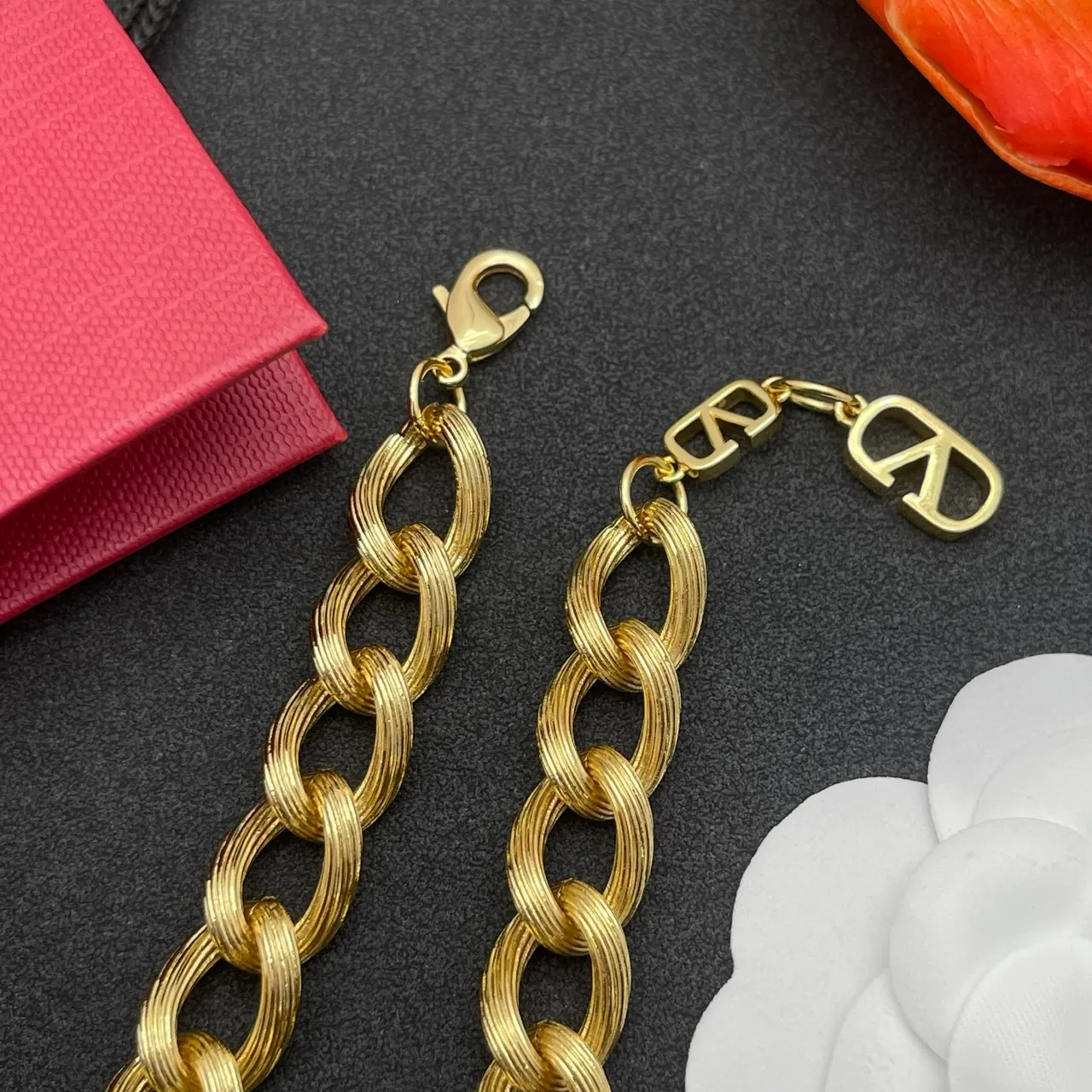 Valentino VLogo Heart Red Enamel Gold-Tone Chain Bracelet