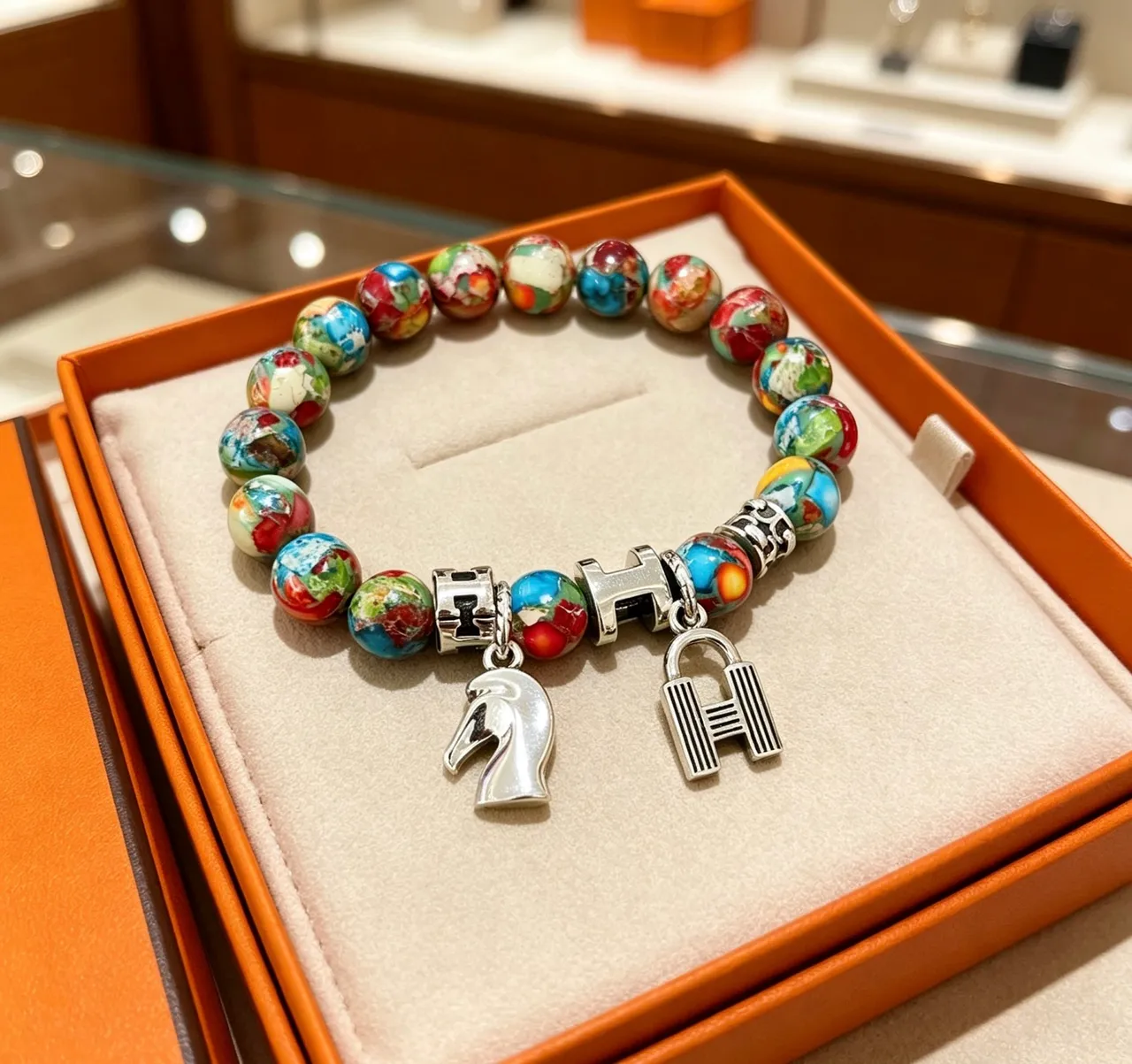 Hermès H Charm Bracelet Multicolor Enamel Bead Bracelet