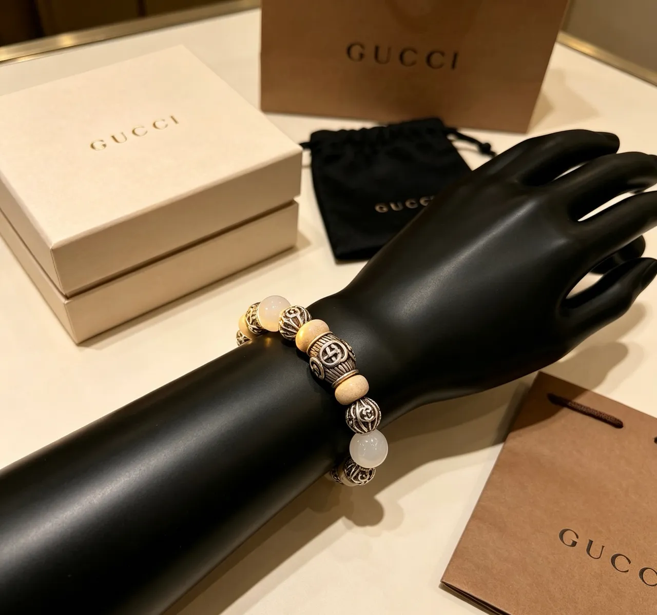 Gucci Beige Silver Beaded Ornate Metalwork Bracelet