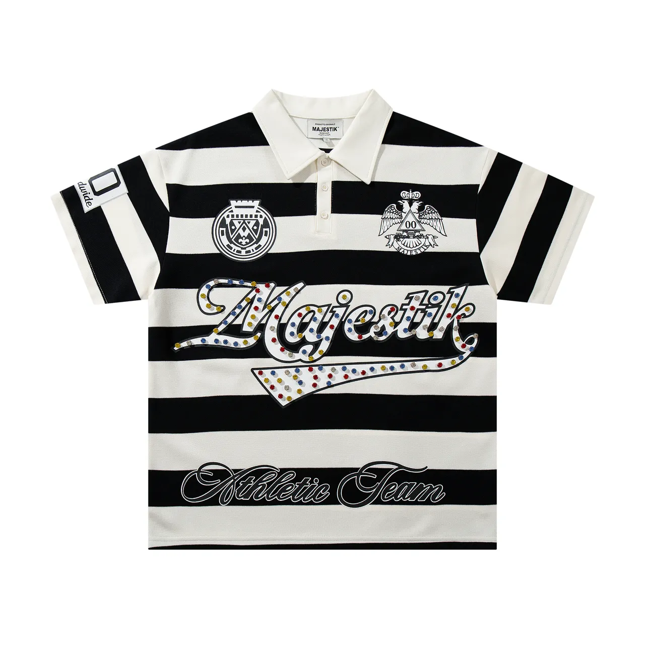 Majestik Athletic Team Striped Rhinestone Polo Shirt