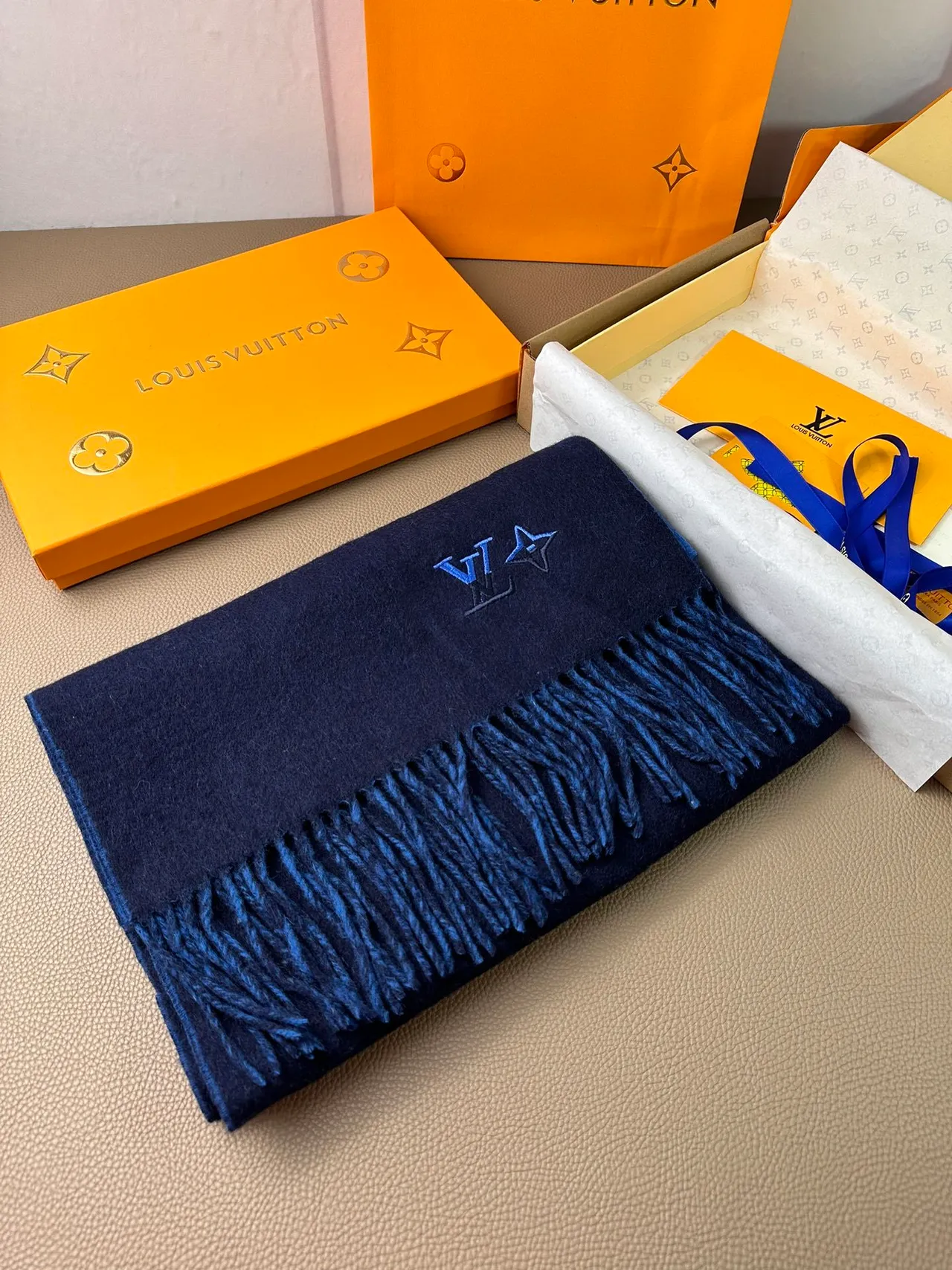 Louis Vuitton Embroidered Monogram Navy Cashmere Scarf
