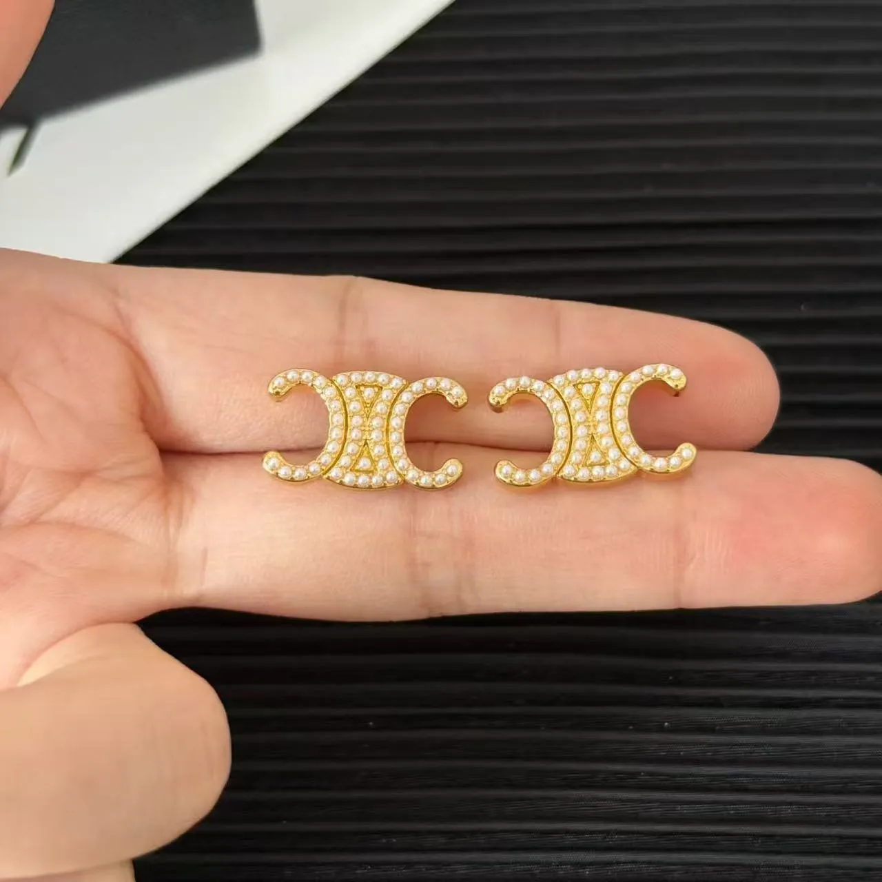 Celine Triomphe Pearl-Embellished Double C Stud Earrings