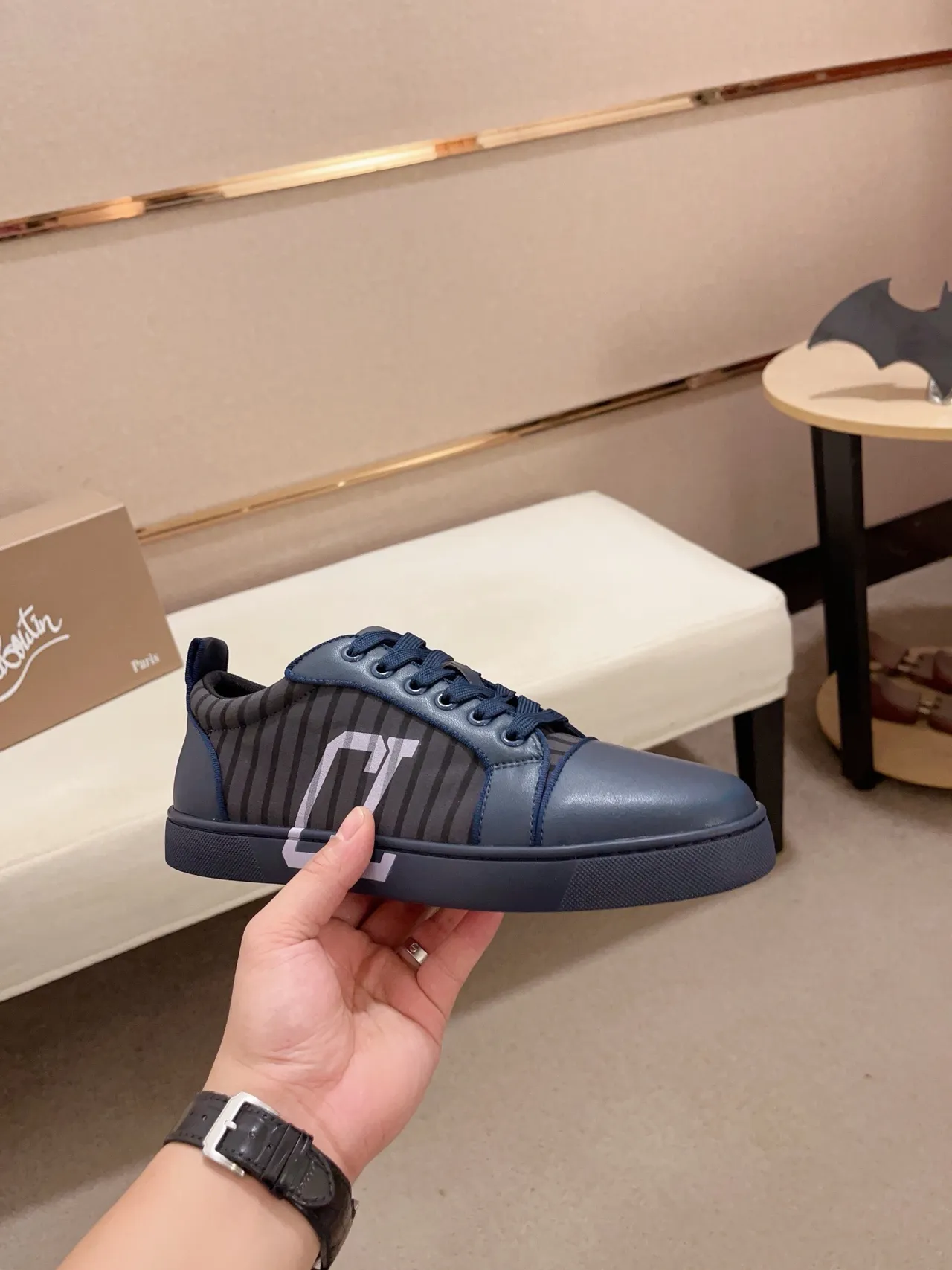 Christian Louboutin Navy Gray Low-Top Mixed-Material Sneakers