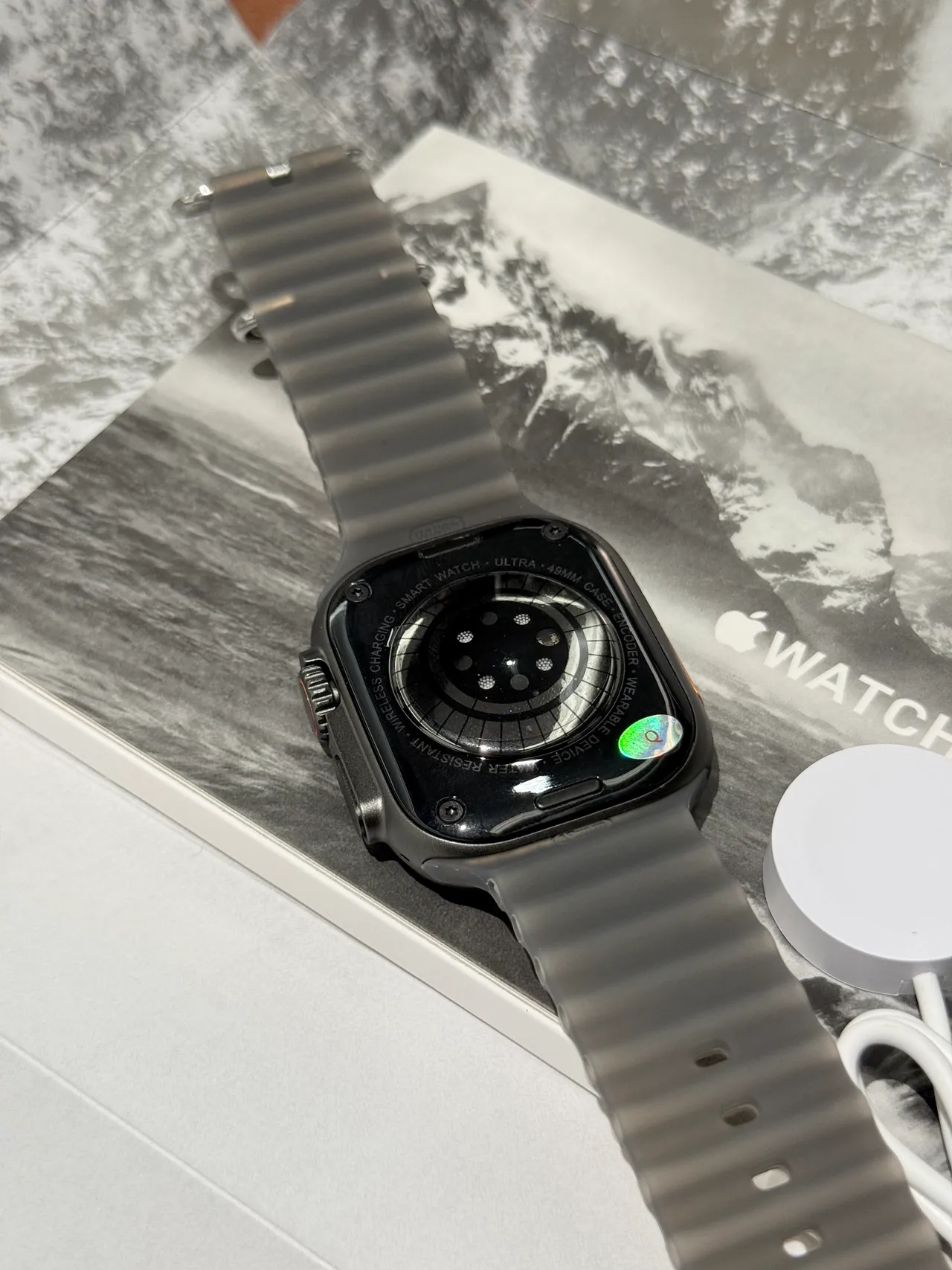 Apple Ultra Gray Orange Square Titanium-Style Case Ribbed Silicone Band Sports Watch