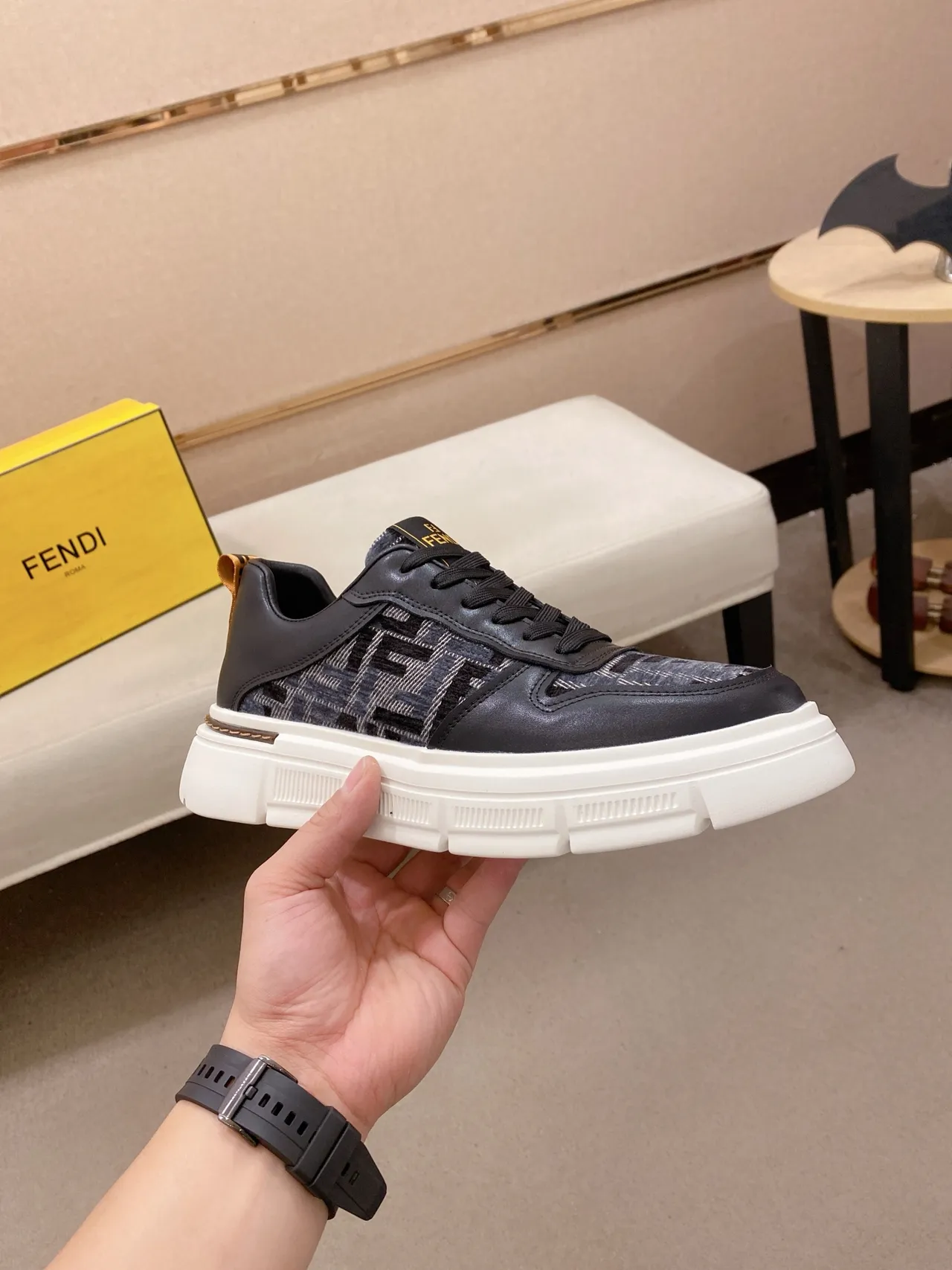 Fendi Black White Platform Sole Monogrammed Textile Panels Chunky Sneakers