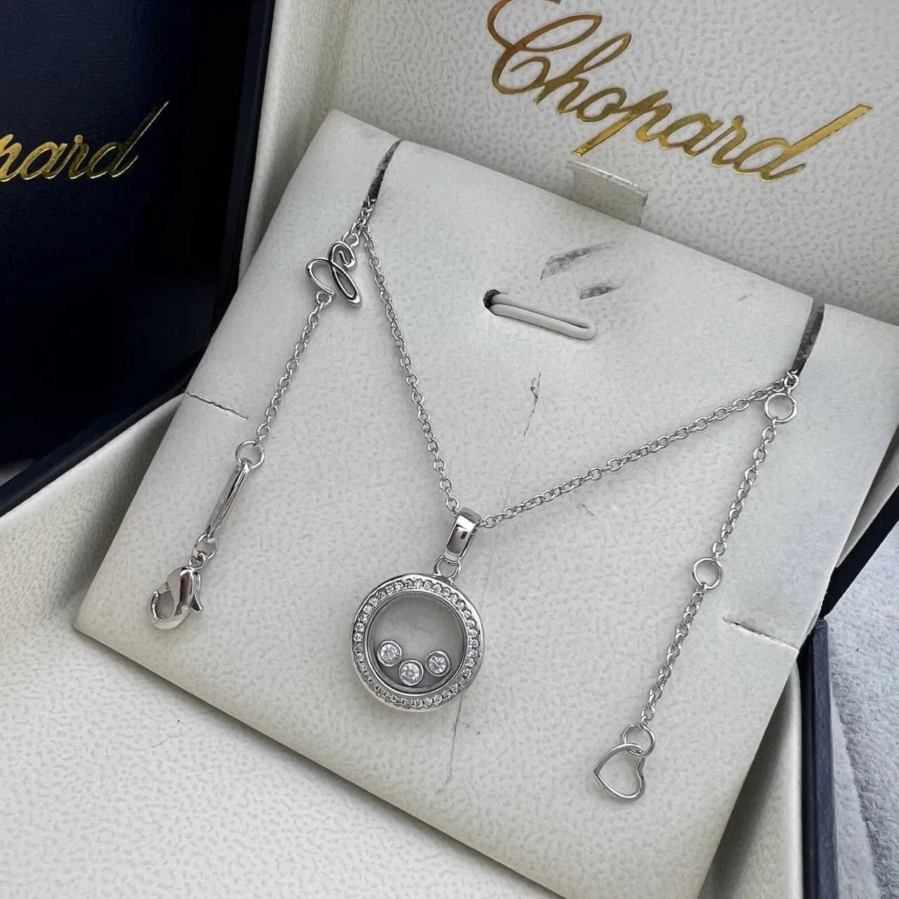 Chopard Happy Diamonds Gold Silver Rotating Disc Pendant Pavé Crystal Bezel Necklace