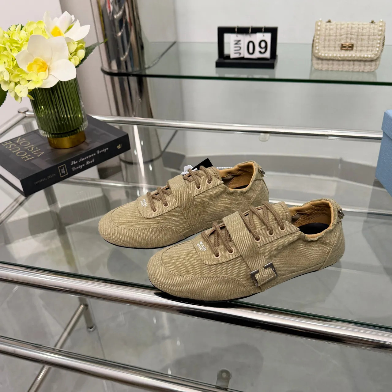 Prada Beige Black Upper C-Shaped Metal Buckle Strap Canvas Shoes