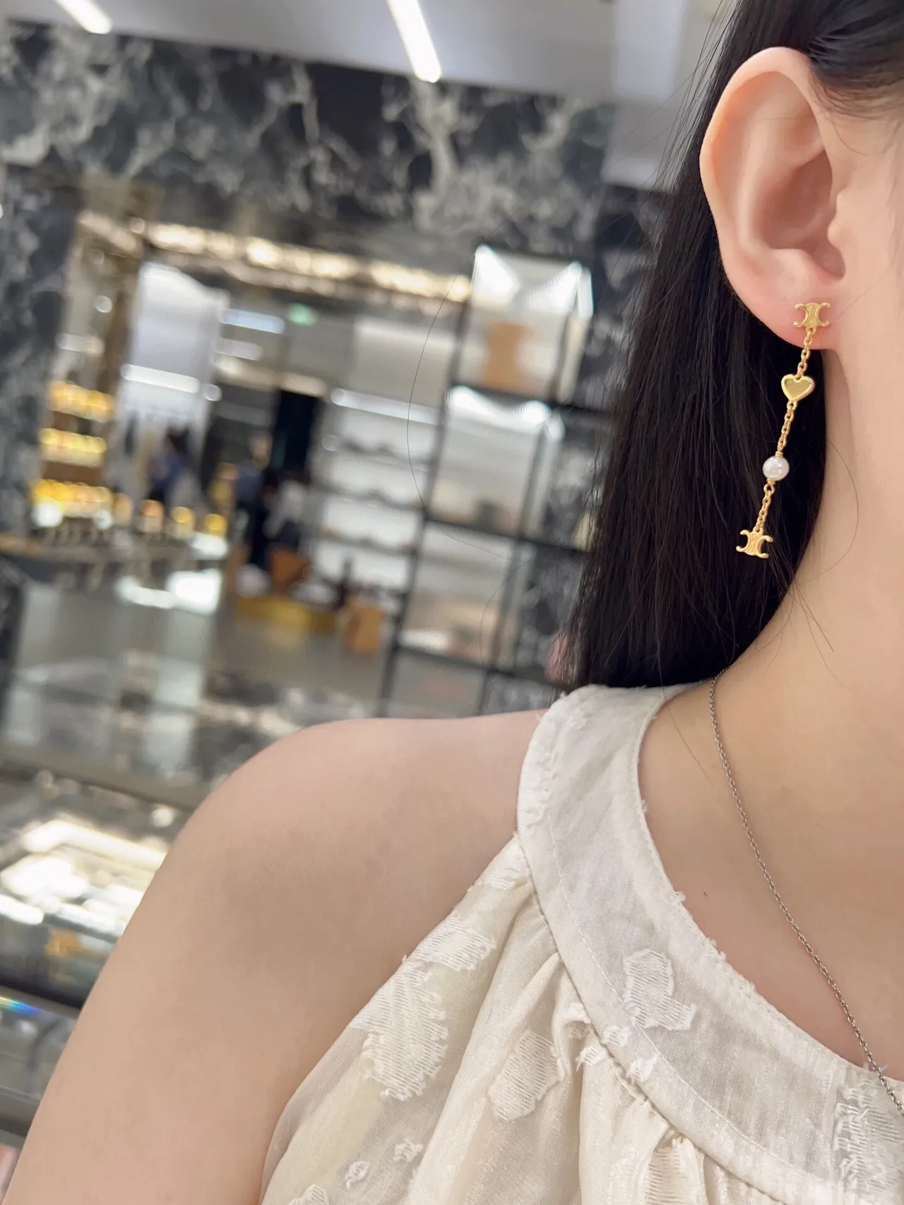 Celine Triomphe Heart and Pearl Chain Drop Earrings
