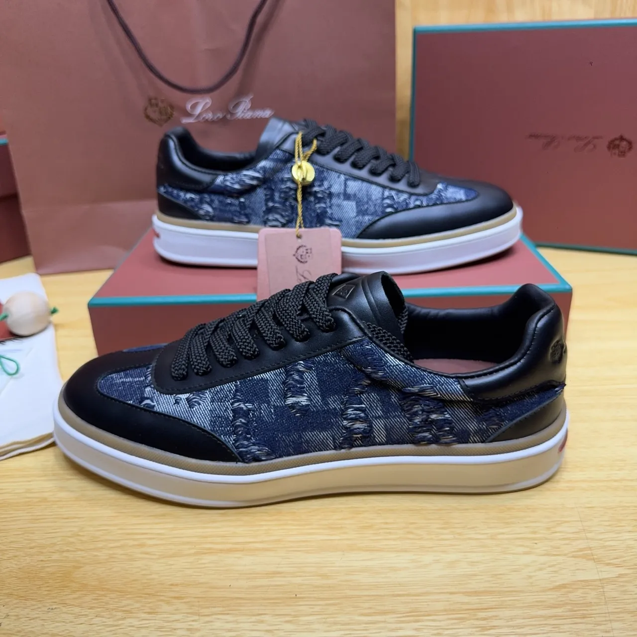 Loro Piana Denim-Textured and Black Leather Platform Lifestyle Sneakers