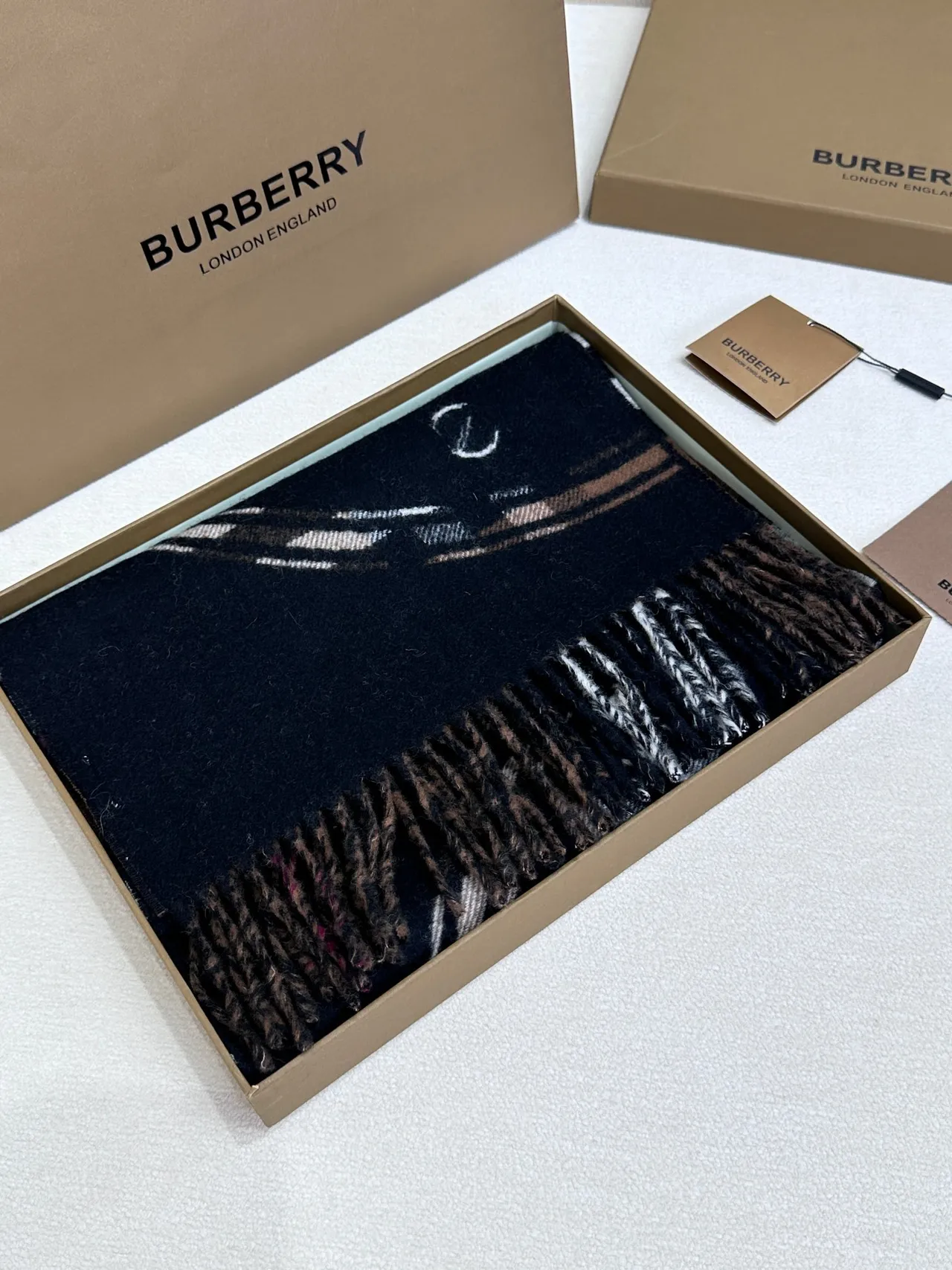 Burberry Black and Cream Fringed Cashmere Scarf