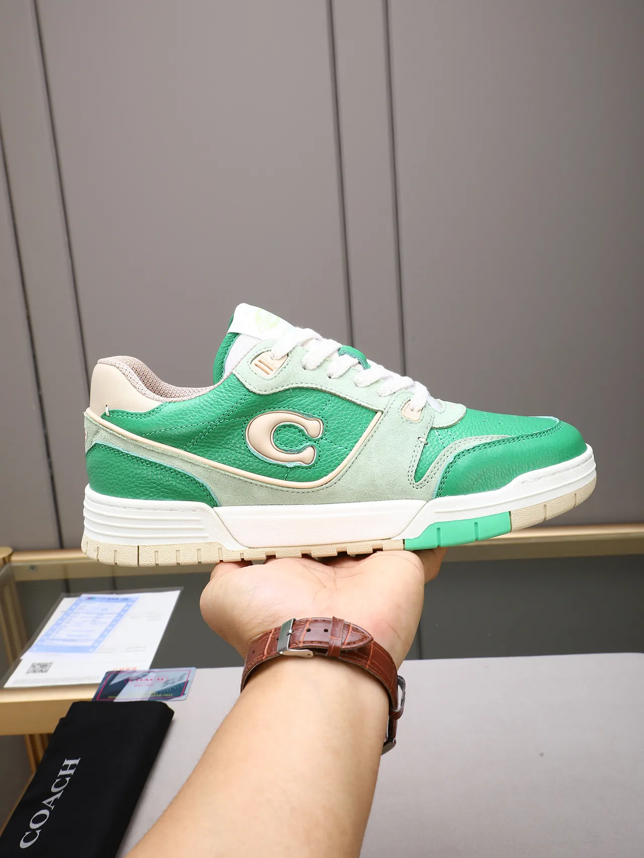 Coach Green Beige Layered Leather And Suede Upper Embossed C Logo Sneakers