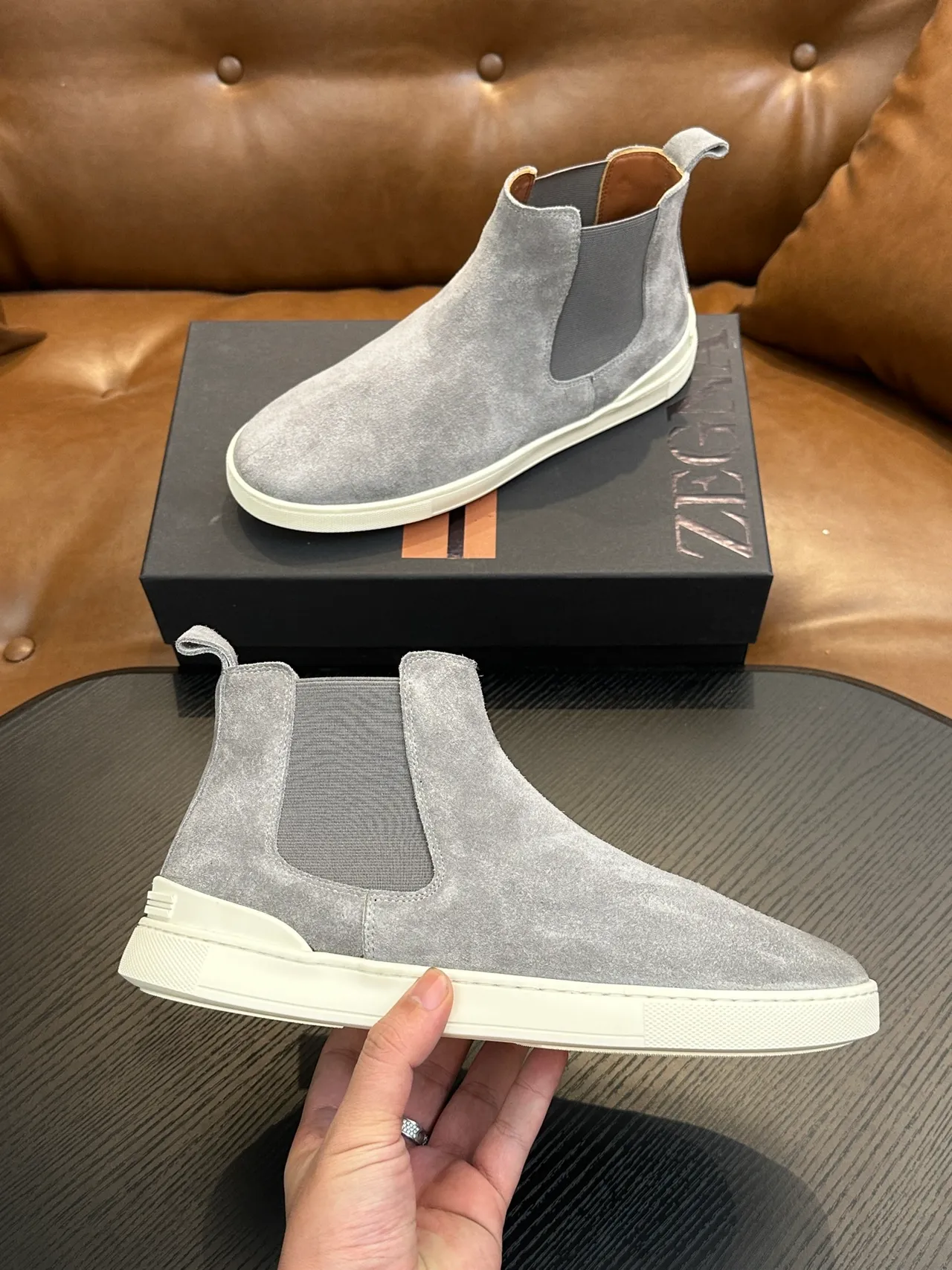 Zegna Gray White Suede Upper Elastic Side Gussets Chelsea Boots