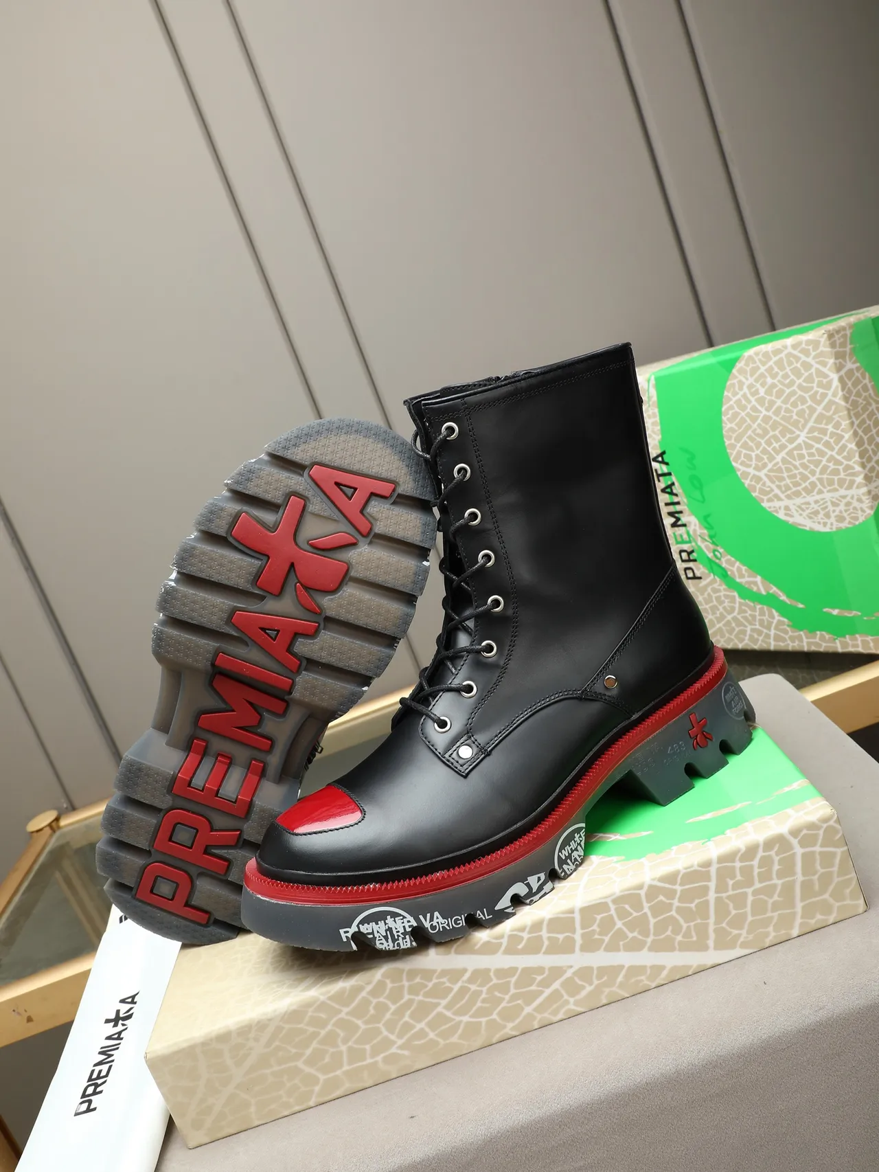 Premiata Rien Ne Va Plus Black Red Platform Sole Lace-Up Combat Style Martin Boots