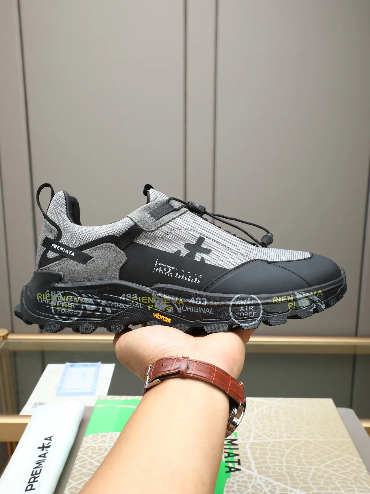 Premiata Gray Black Laceless Toggle Closure Mixed Upper Chunky Sneakers