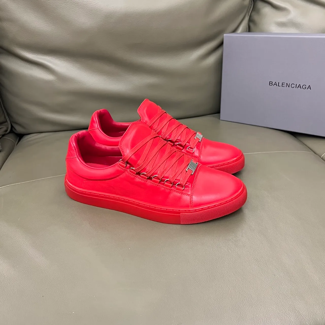 Balenciaga Red Monochromatic Leather Crisscross Strap-Lace System Lifestyle Sneakers