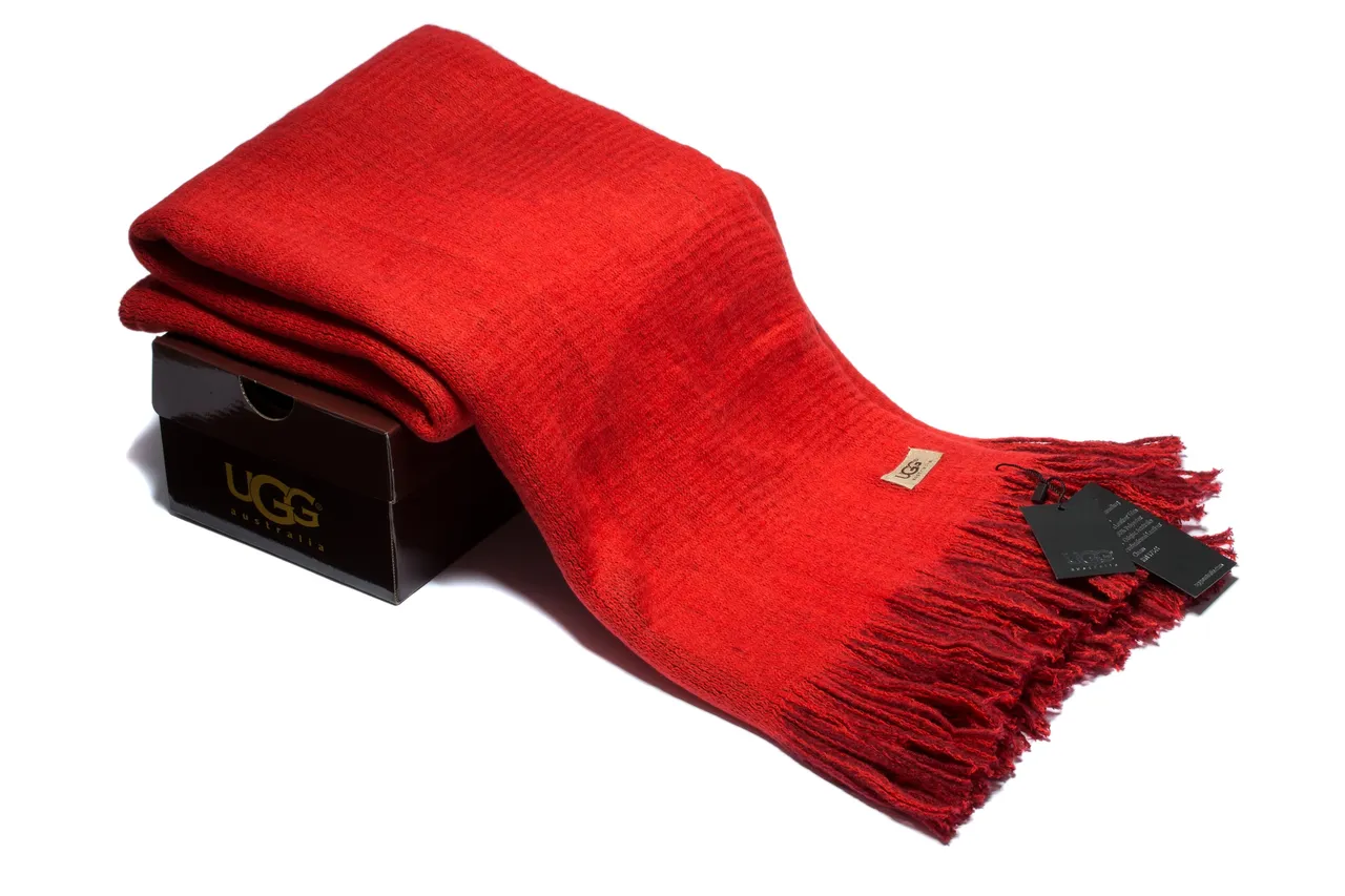 UGG Red Knit Texture Fringed Ends Scarve