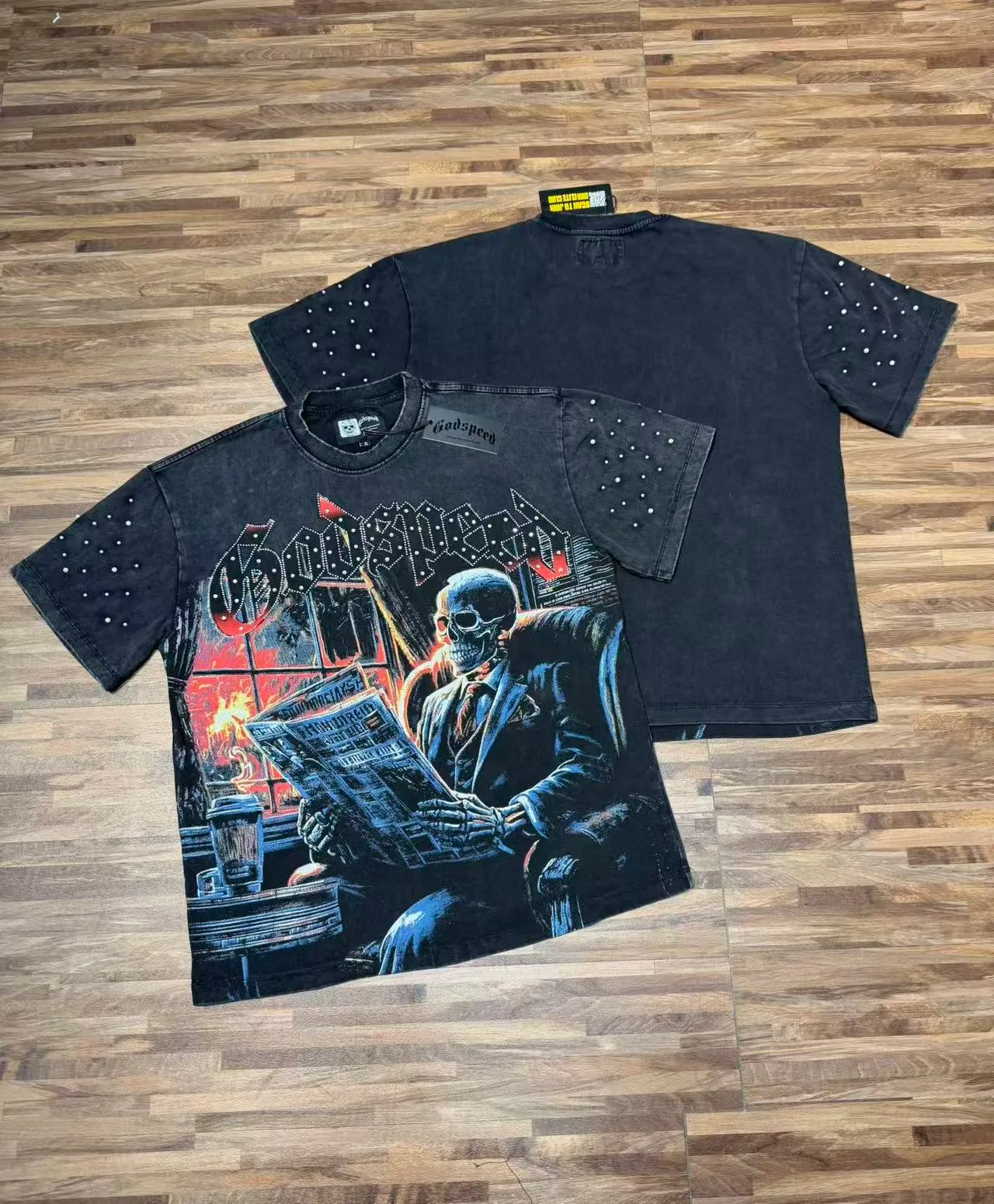 Godspeed Graphic-Print Studded Sleeves Distressed Black T-Shirt