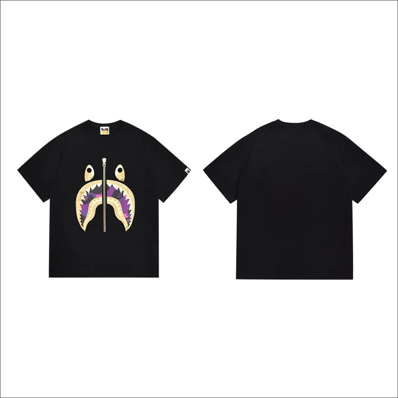 A Bathing Ape Shark Hoodie Black Purple Graphic-Print Zipper-Detail T-Shirt