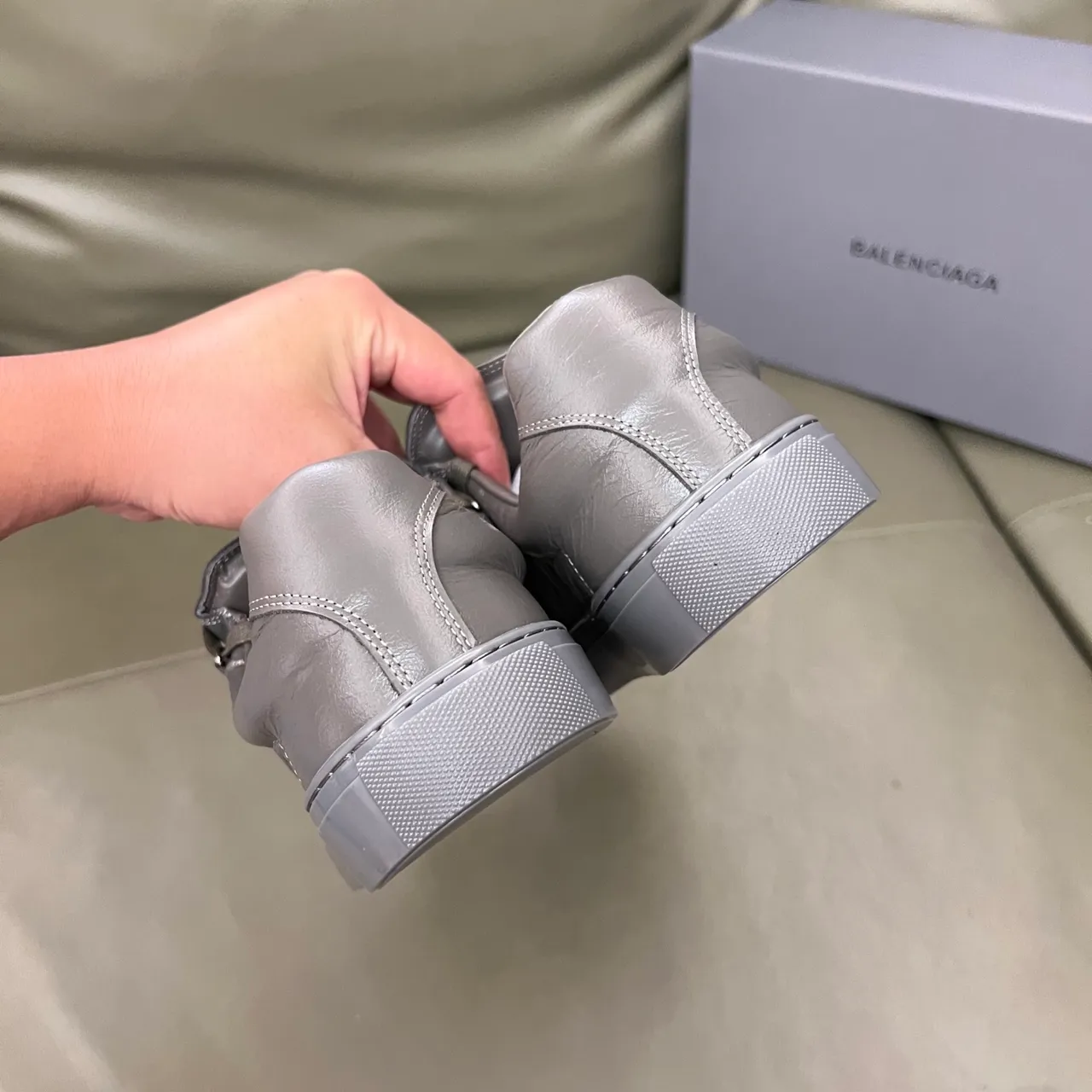 Balenciaga Silver Gray Metallic Leather Wide Flat Laces Lifestyle Sneakers