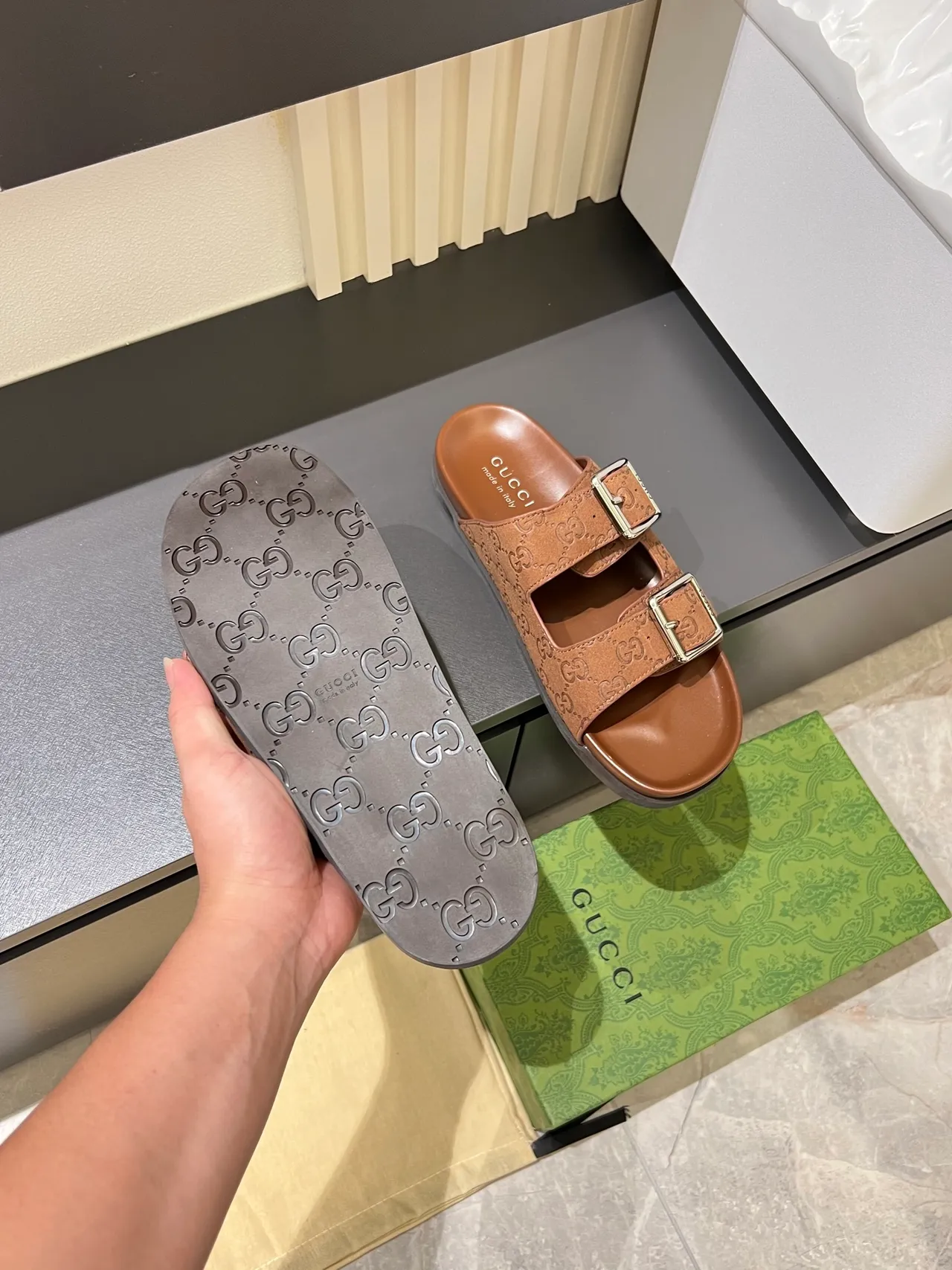 Gucci Screener Embossed GG Buckle Slide Casual Sandals