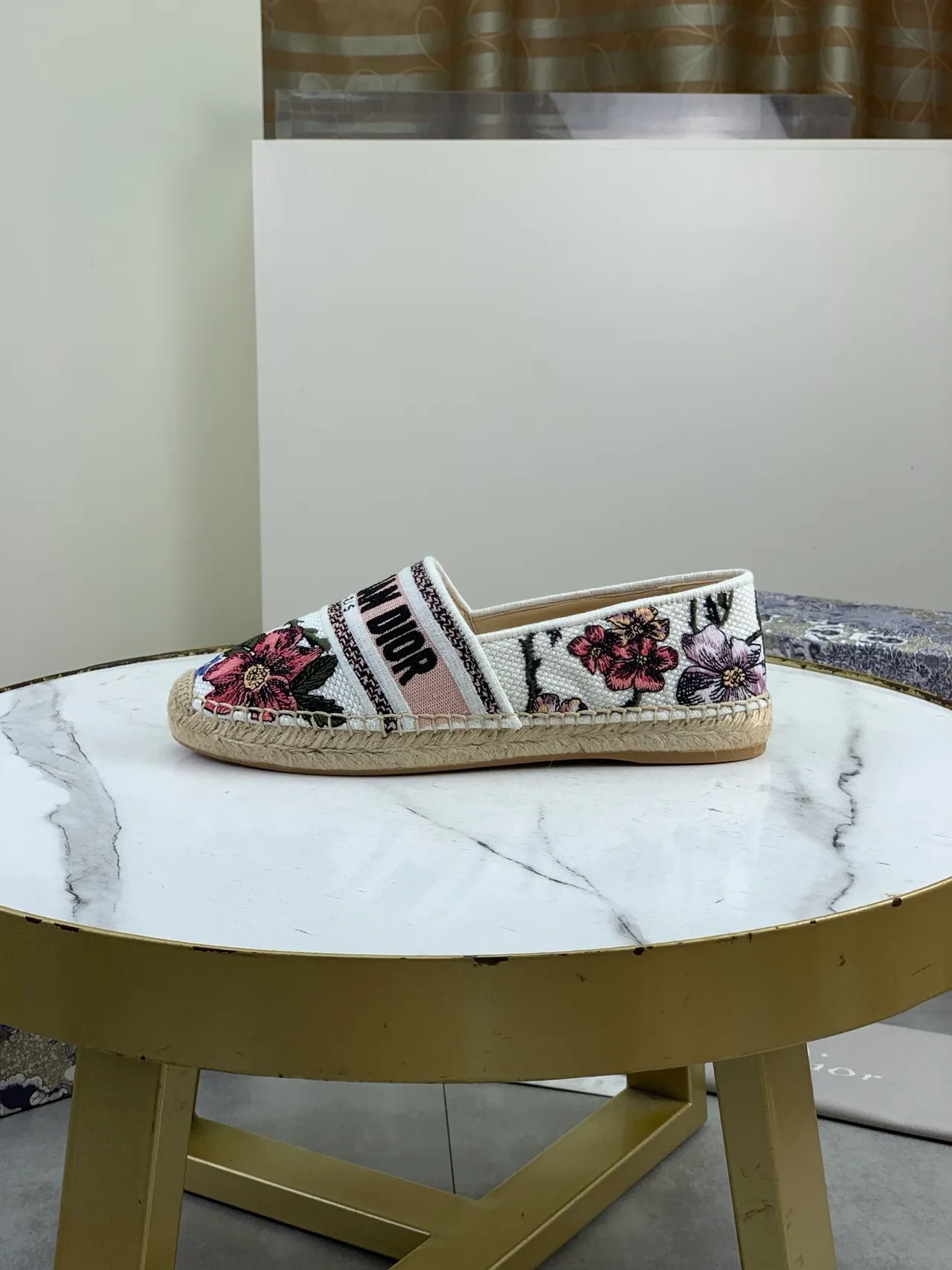 Dior Rose Matatini Esdrille White Multicolor Embroidered Floral Canvas Woven Jute Sole Boat Shoes