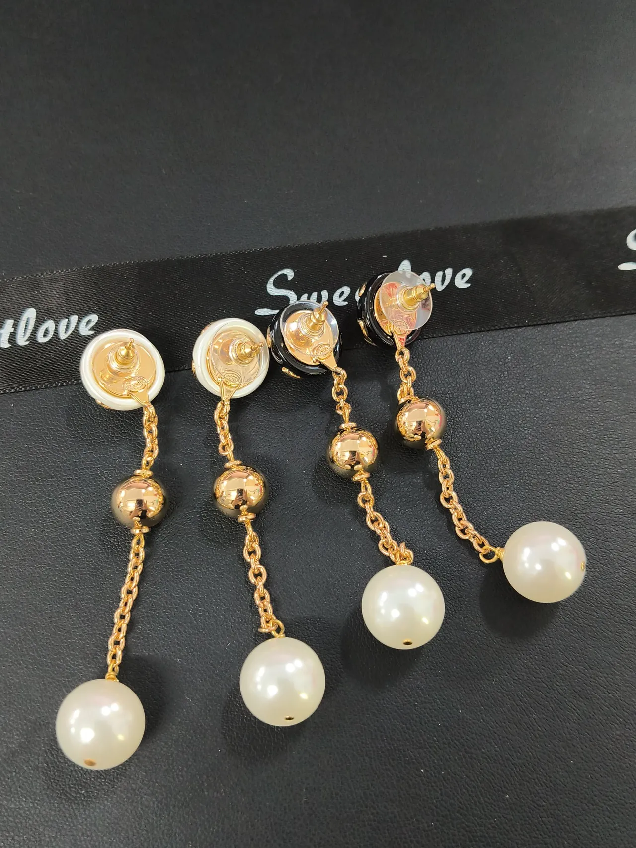 Gold-Tone Logo Stud Pearl Drop Chain Earrings