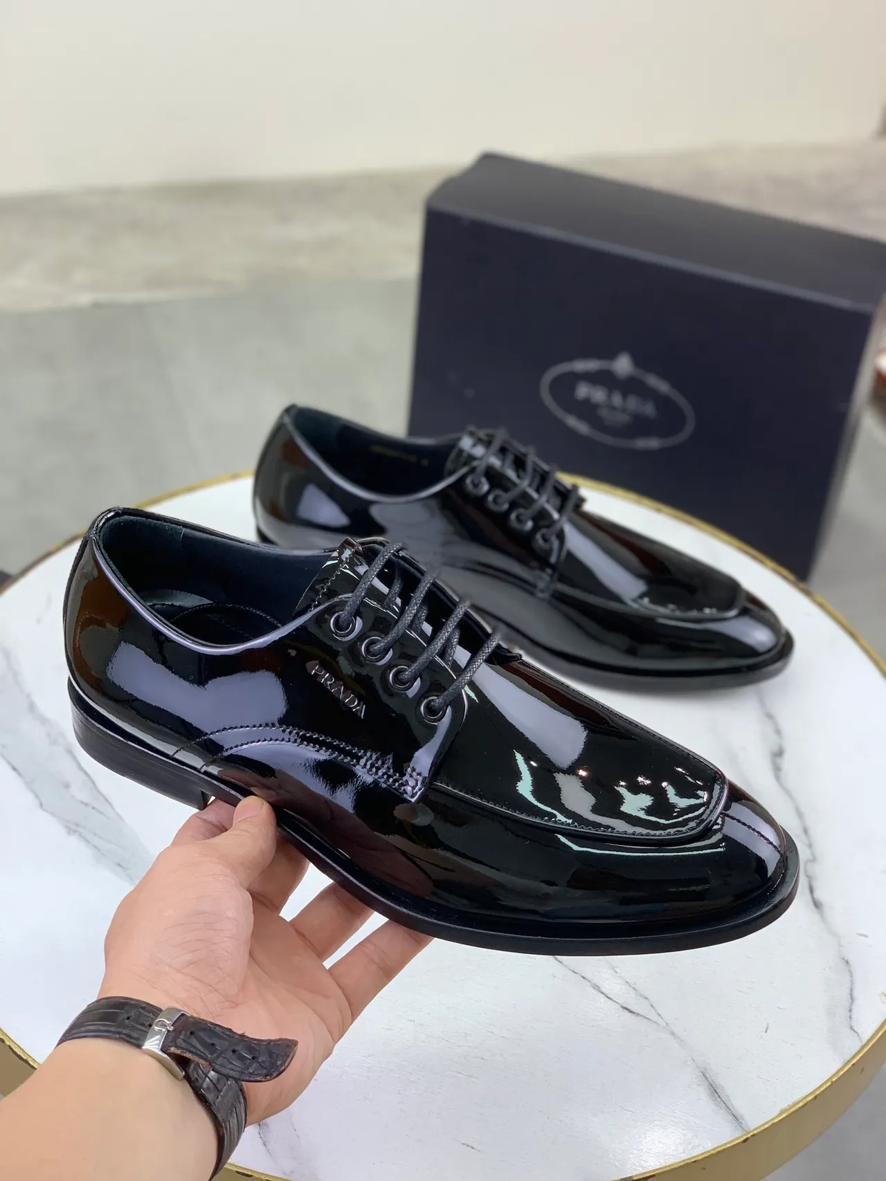 Prada Black Patent Leather Cap-Toe Oxford Shoes