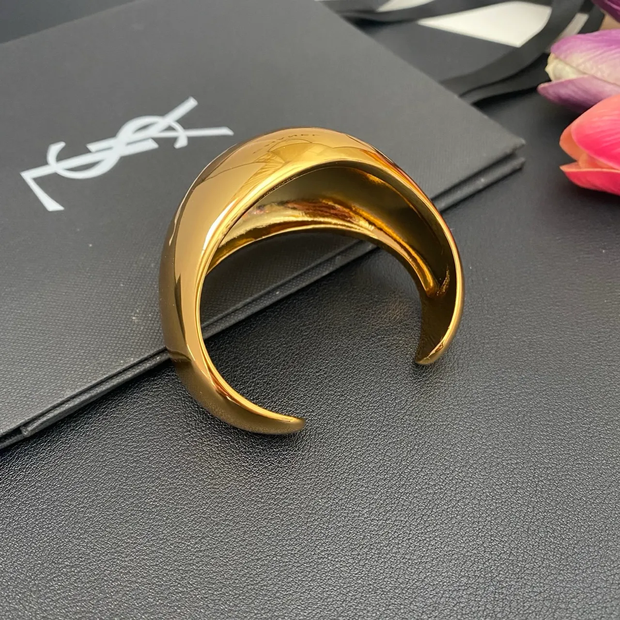 Saint Laurent Wide High-Polish Gold Cuff Bracelet