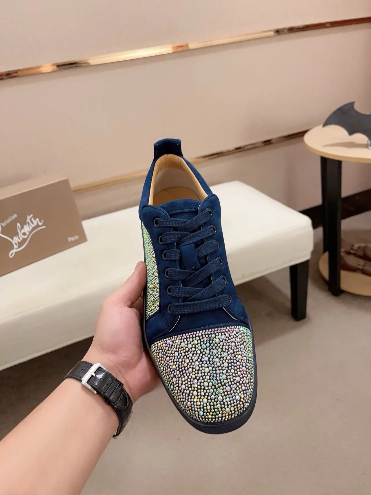 Christian Louboutin Crystal-Embellished Navy Suede Lifestyle Sneakers