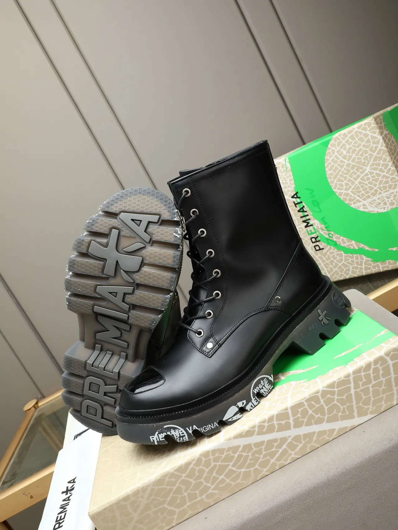 Premiata Black Platform Sole Lace-Up Combat Style Martin Boots