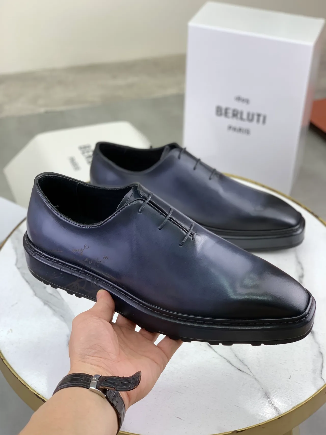 Berluti Navy Polished Leather Square-Toe Oxford Shoes