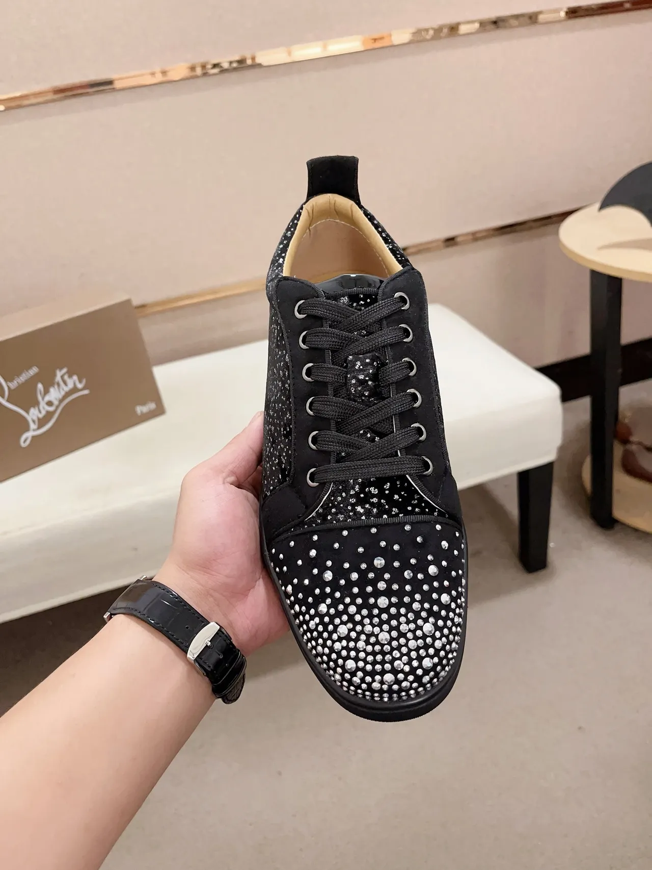 Christian Louboutin Crystal-Embellished Black Suede Low-Top Sneakers