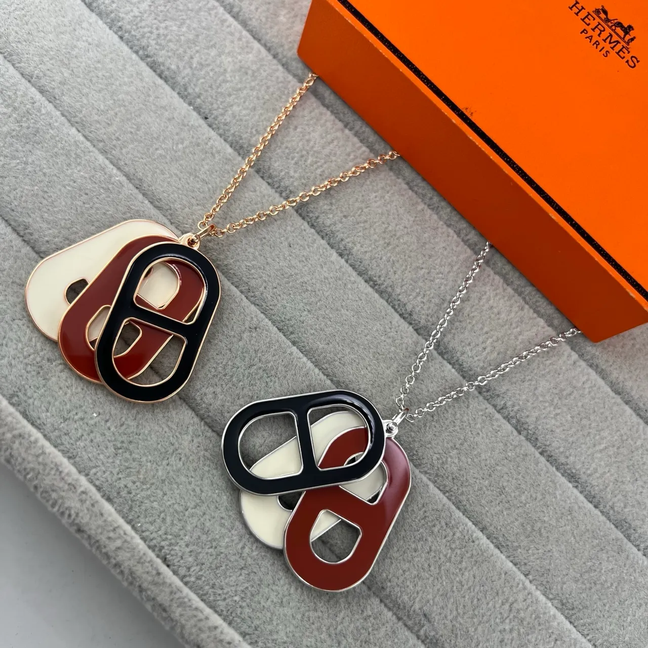 Hermès Burgundy Black Enamel Layered Pendant Gold-Tone And Chain Necklace