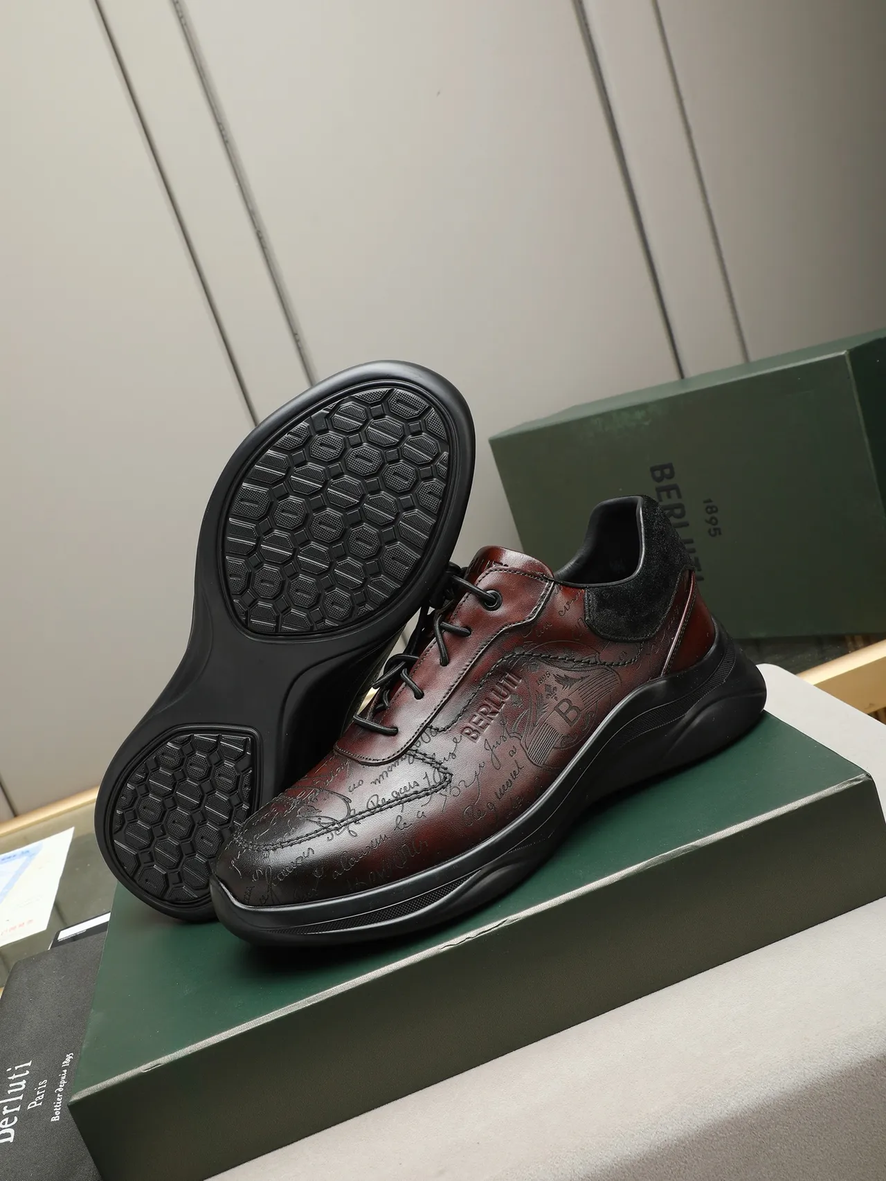 Berluti Embossed Script Leather Brown and Black Lifestyle Sneaker