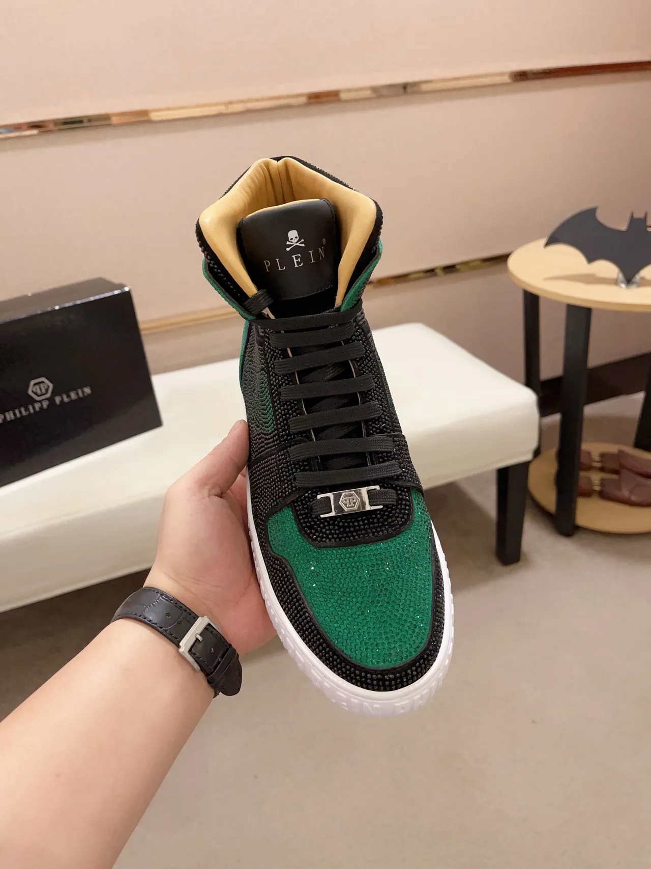 Philipp Plein Black Green High-Top Crystal-Embellished Lifestyle Sneakers