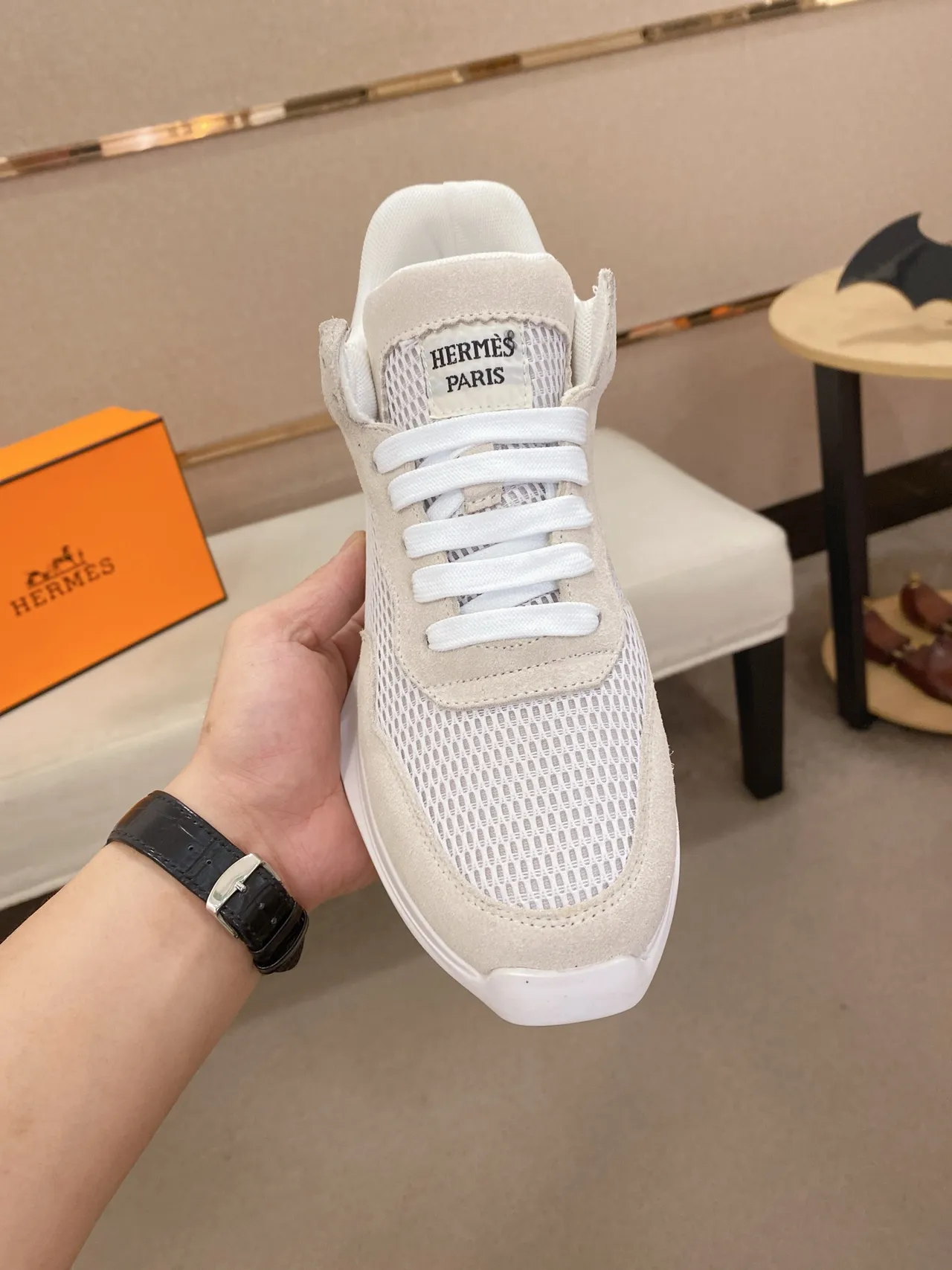 Hermès Beige Mesh and Suede Lifestyle Sneaker