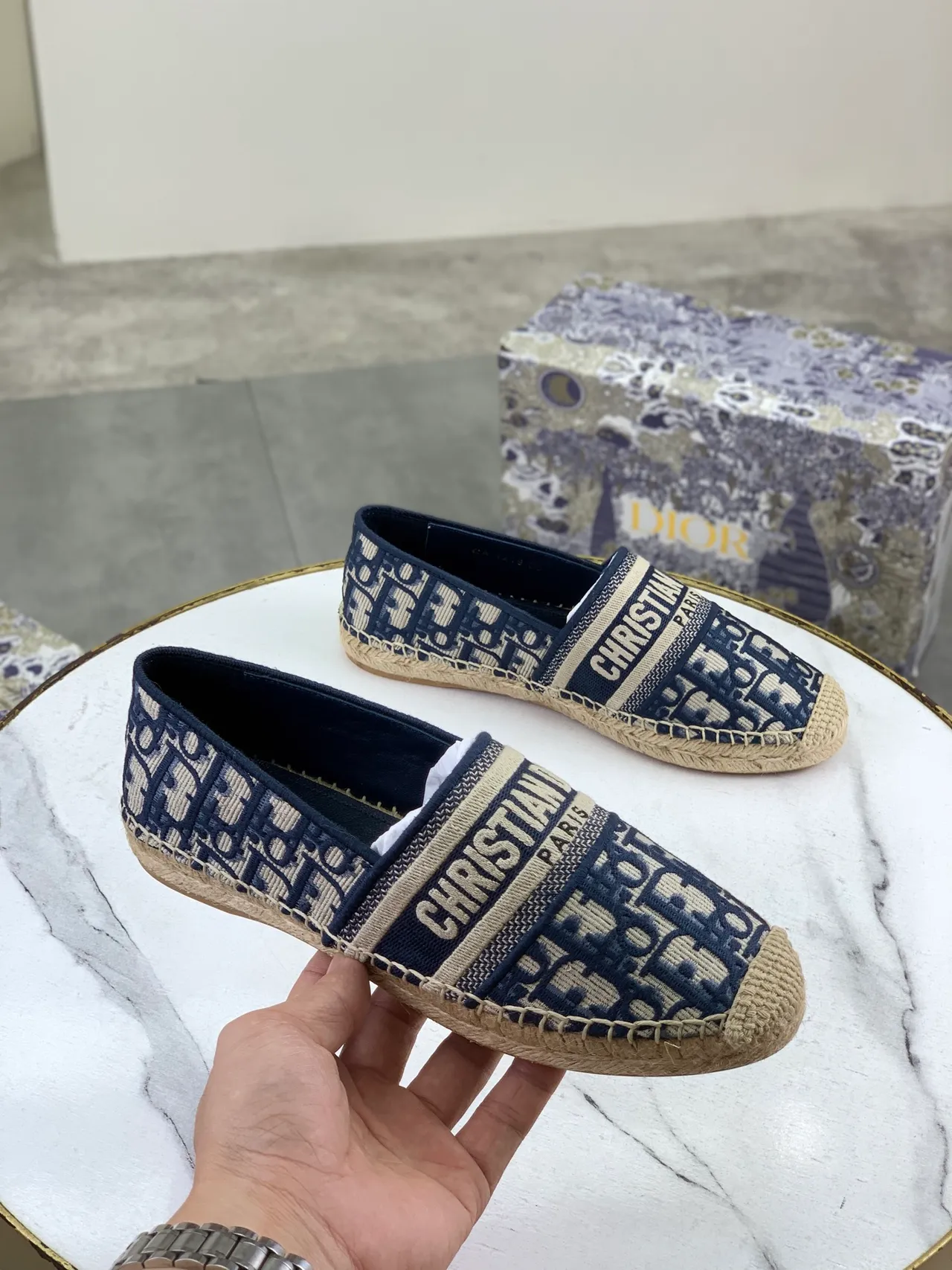 Dior Oblique Jacquard Navy Beige Espadrille Boat Shoes