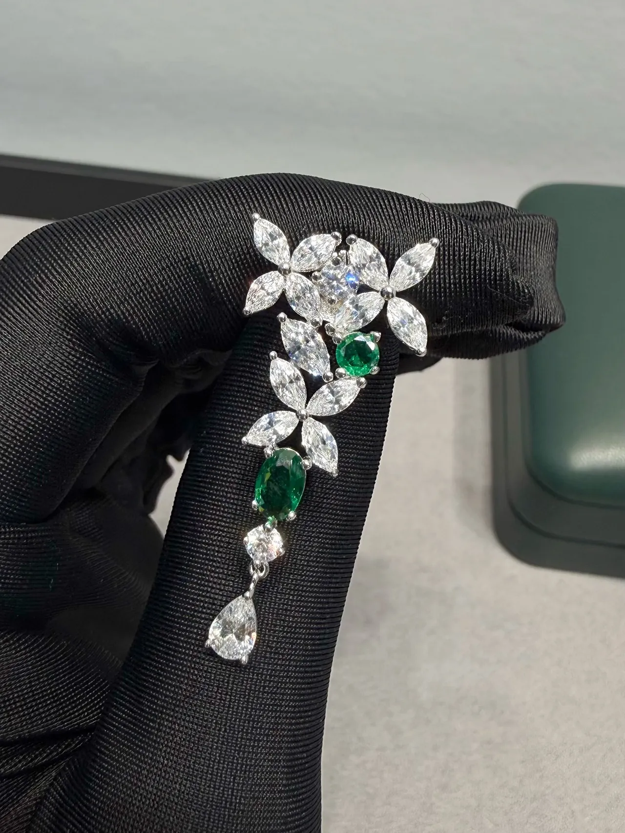 Floral Motif Marquise-Cut Green and Clear Stone Drop Earrings
