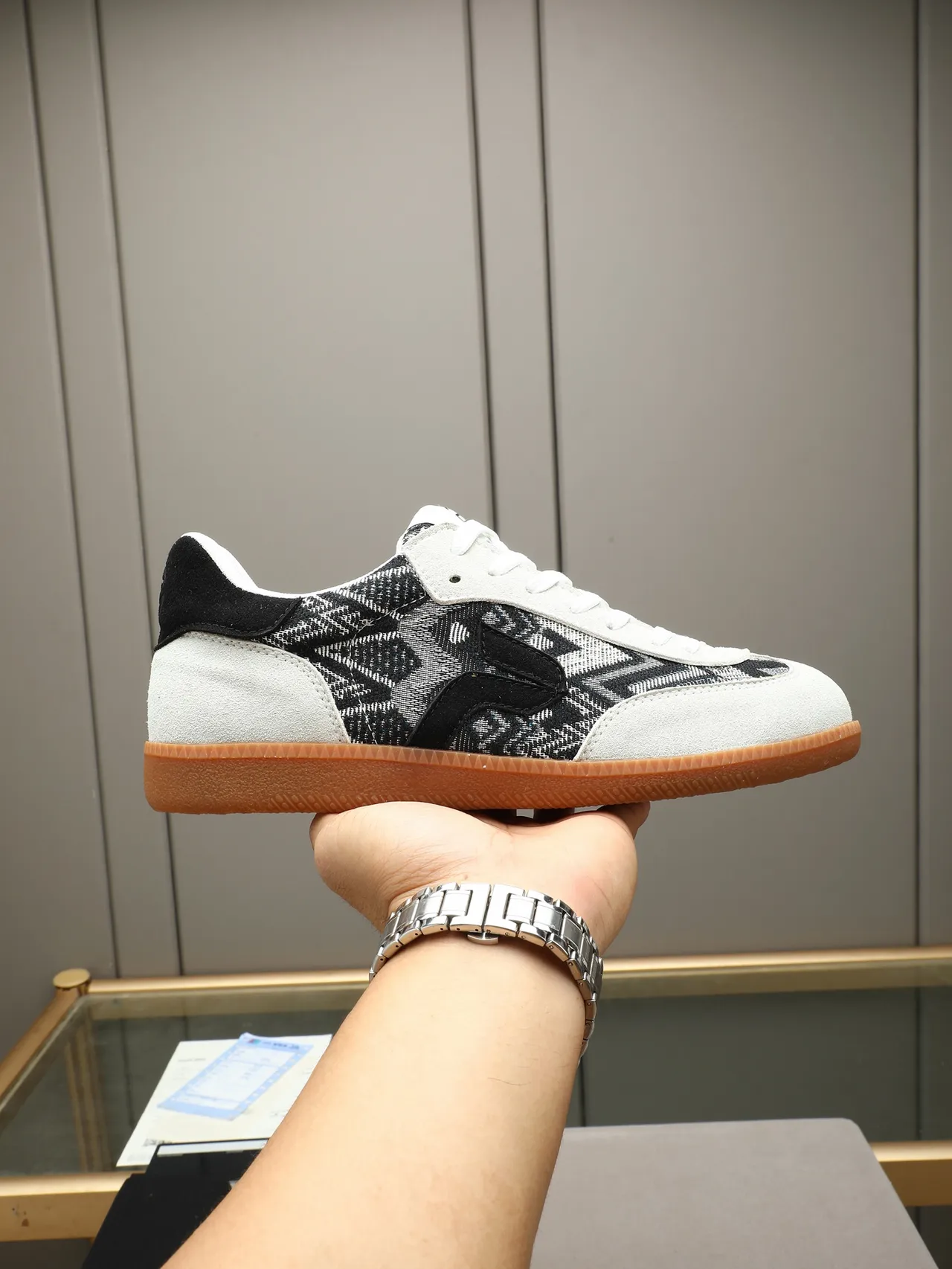 White and Black Geometric Woven Suede Lifestyle Sneaker