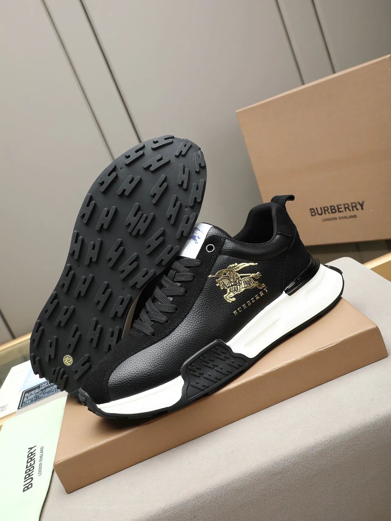 Burberry Knight Black Leather Gold Emblem Lifestyle Sneakers
