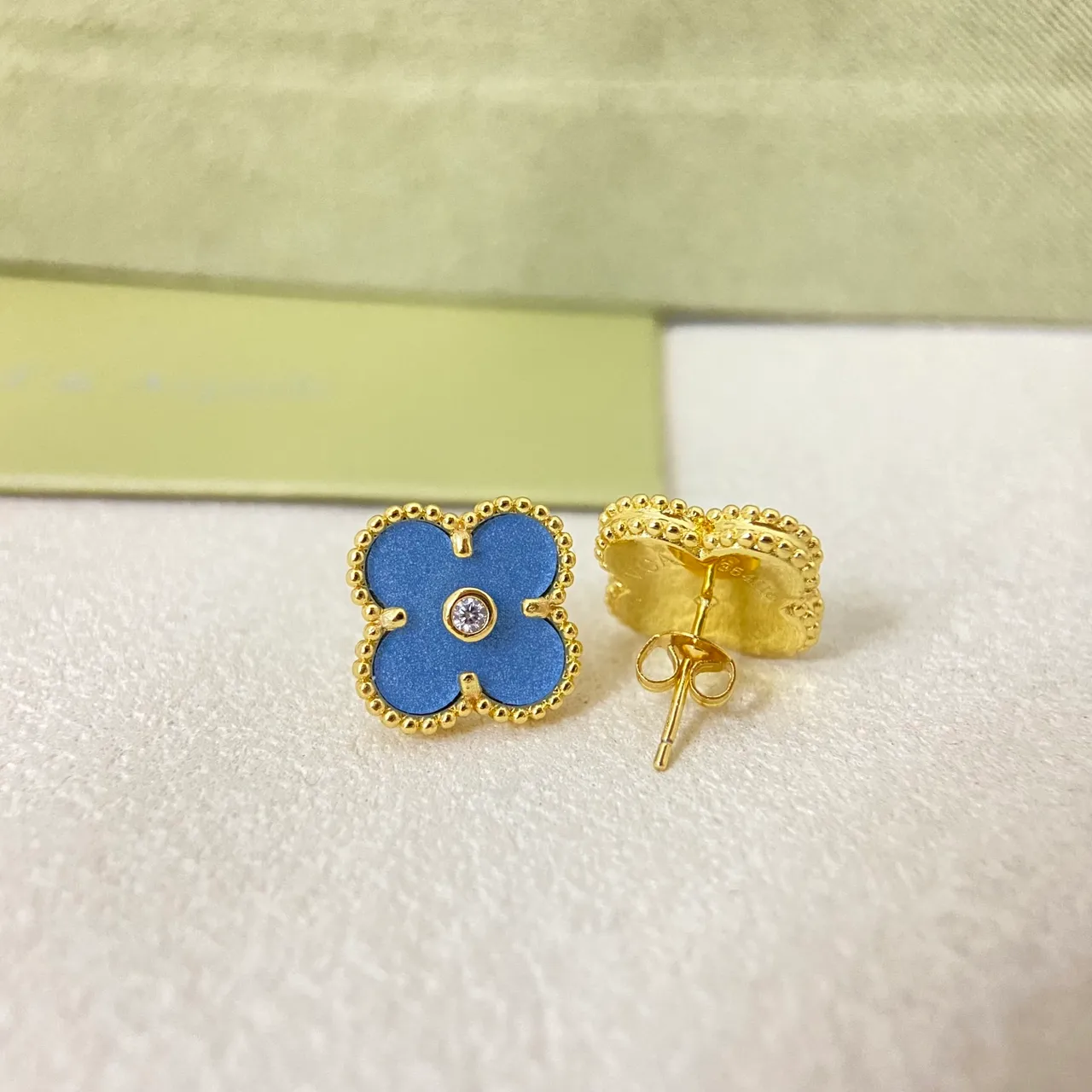 Van Cleef & Arpels Alhambra Blue Enamel Beaded Border Stud Earrings