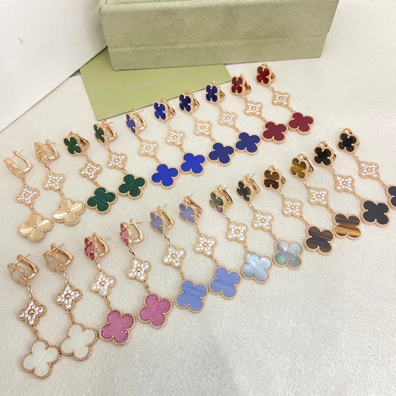Van Cleef & Arpels Alhambra Multicolor Stone Inlay Dangling Earrings