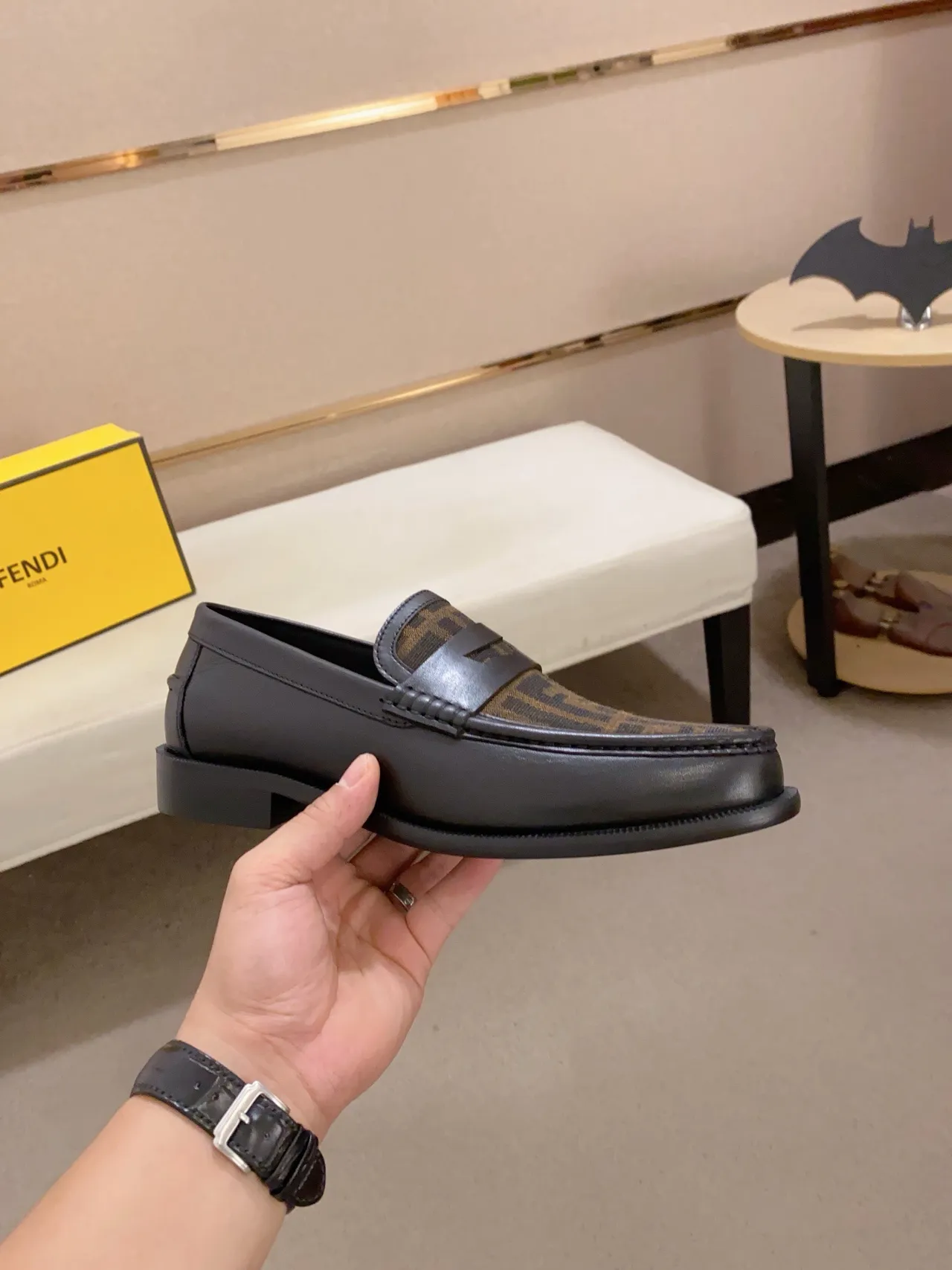 Fendi FF Logo Loafer Black Brown Monogram Canvas Vamp Leather Upper Loafer
