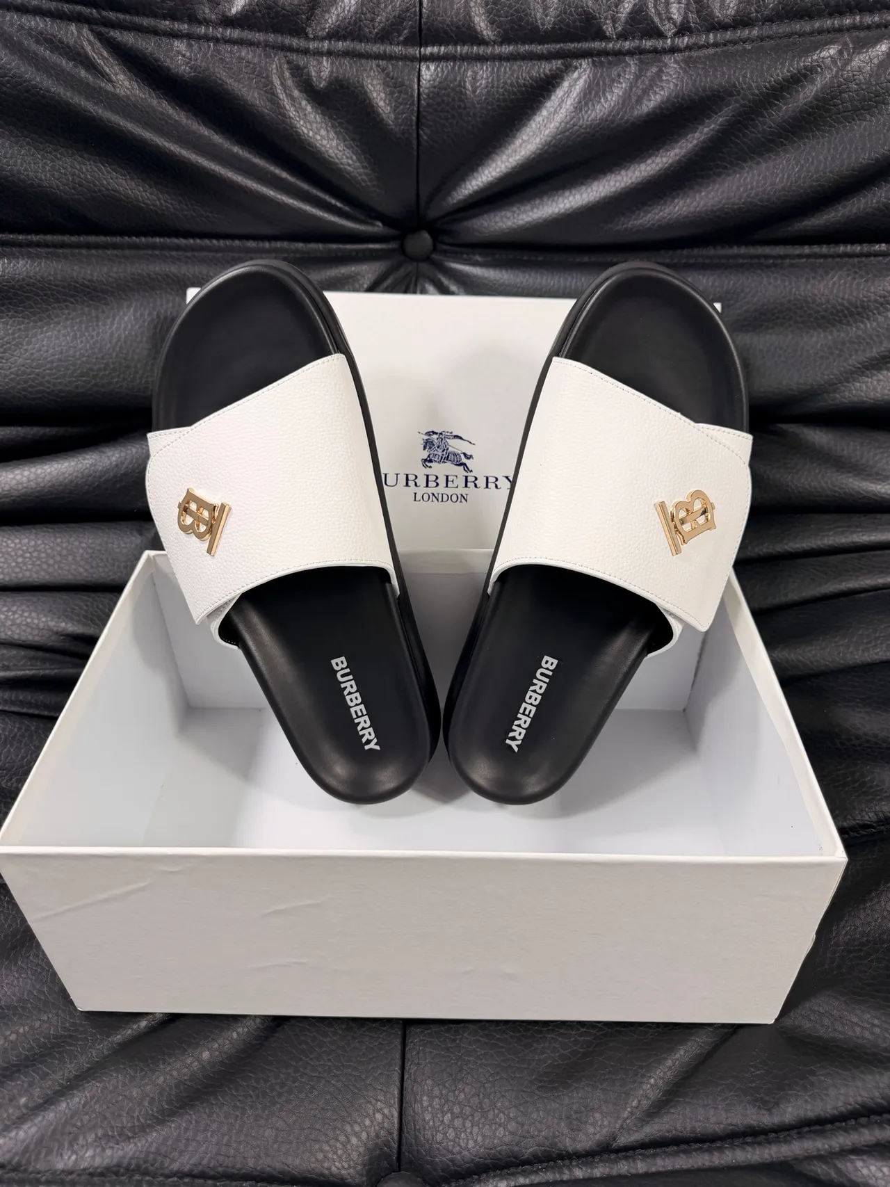 Burberry White and Black Monogram Slippers