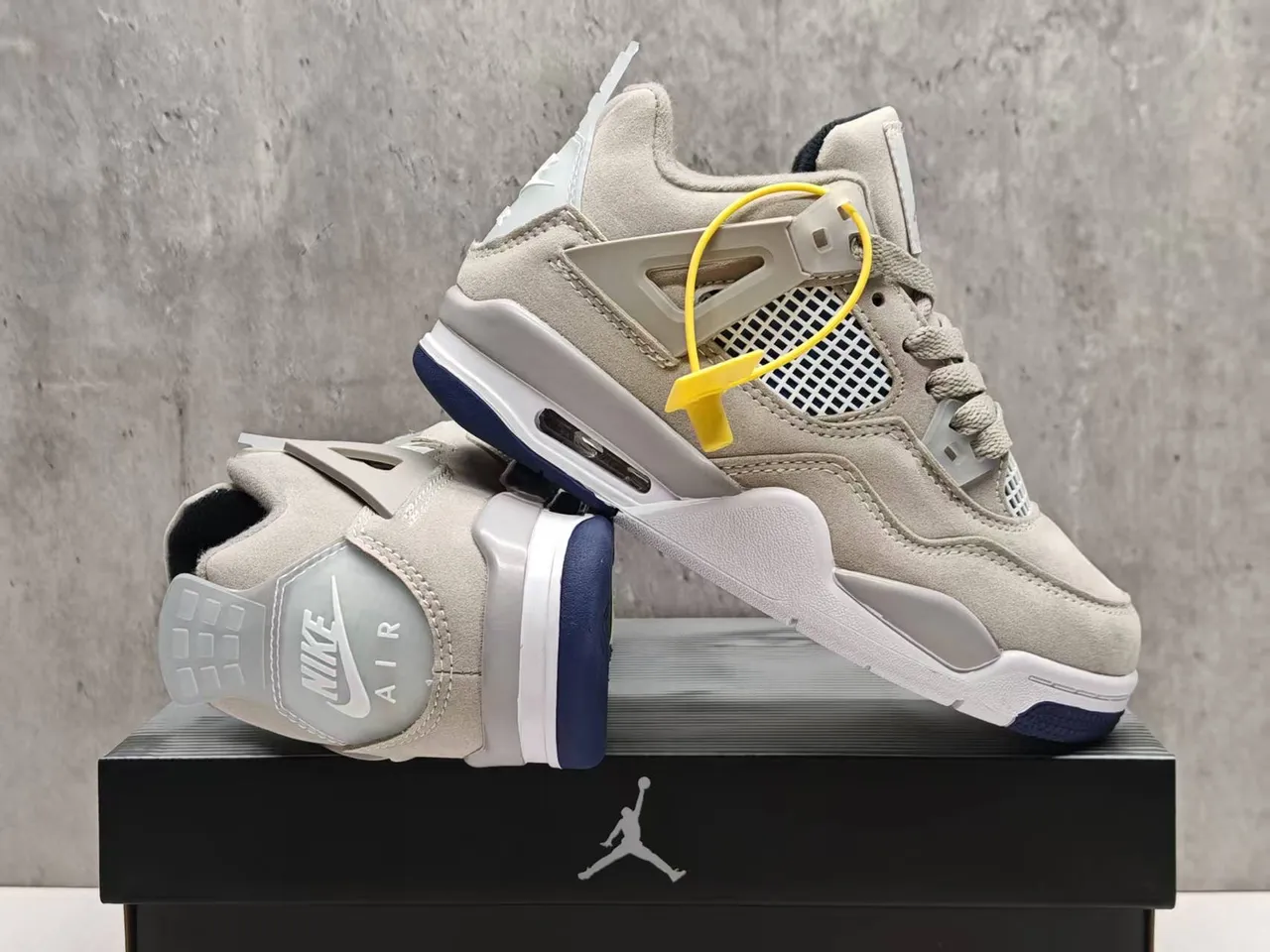 Air Jordan 4 Beige Navy Yellow Basketball Shoes