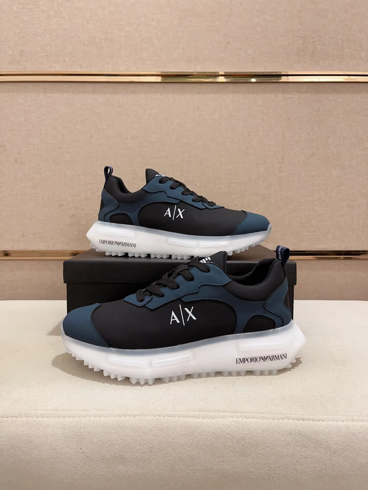 Armani Exchange Navy Black Mixed-Material Upper Sculpted Translucent Sole Sneakers