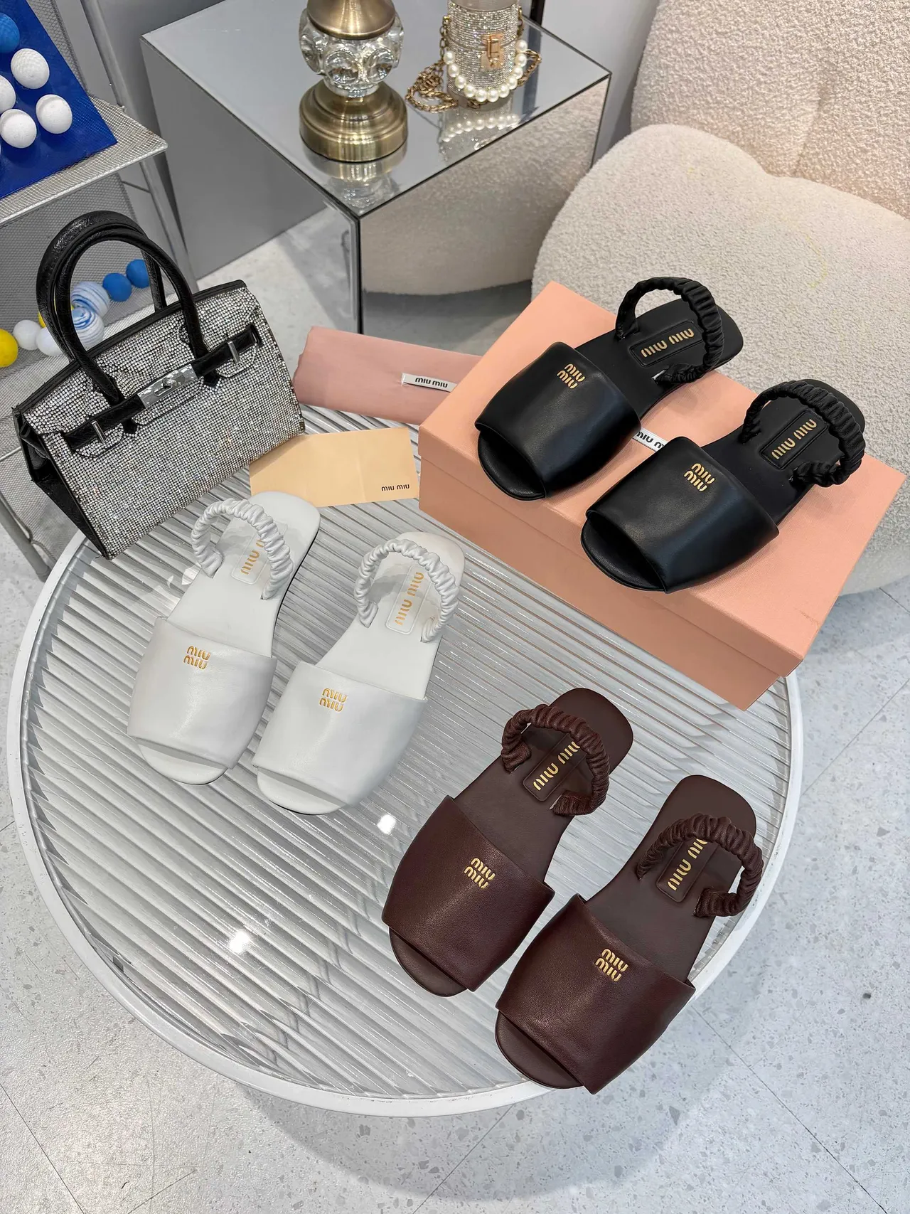 Miu Miu Black Gold Ruched Knotted Strap Logo Plaque Slippers