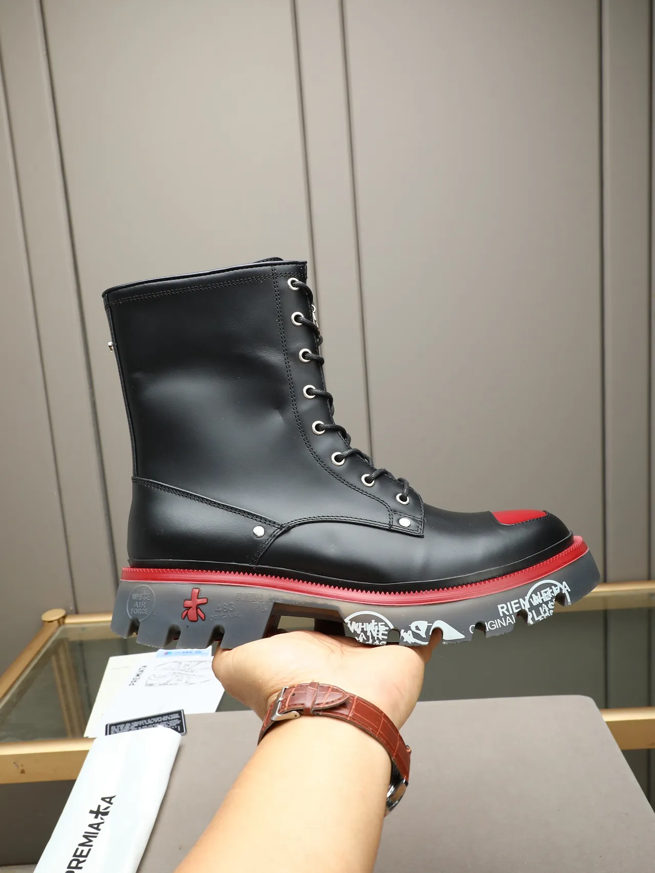 Premiata Rien Ne Va Plus Black Red Platform Sole Lace-Up Combat Style Martin Boots