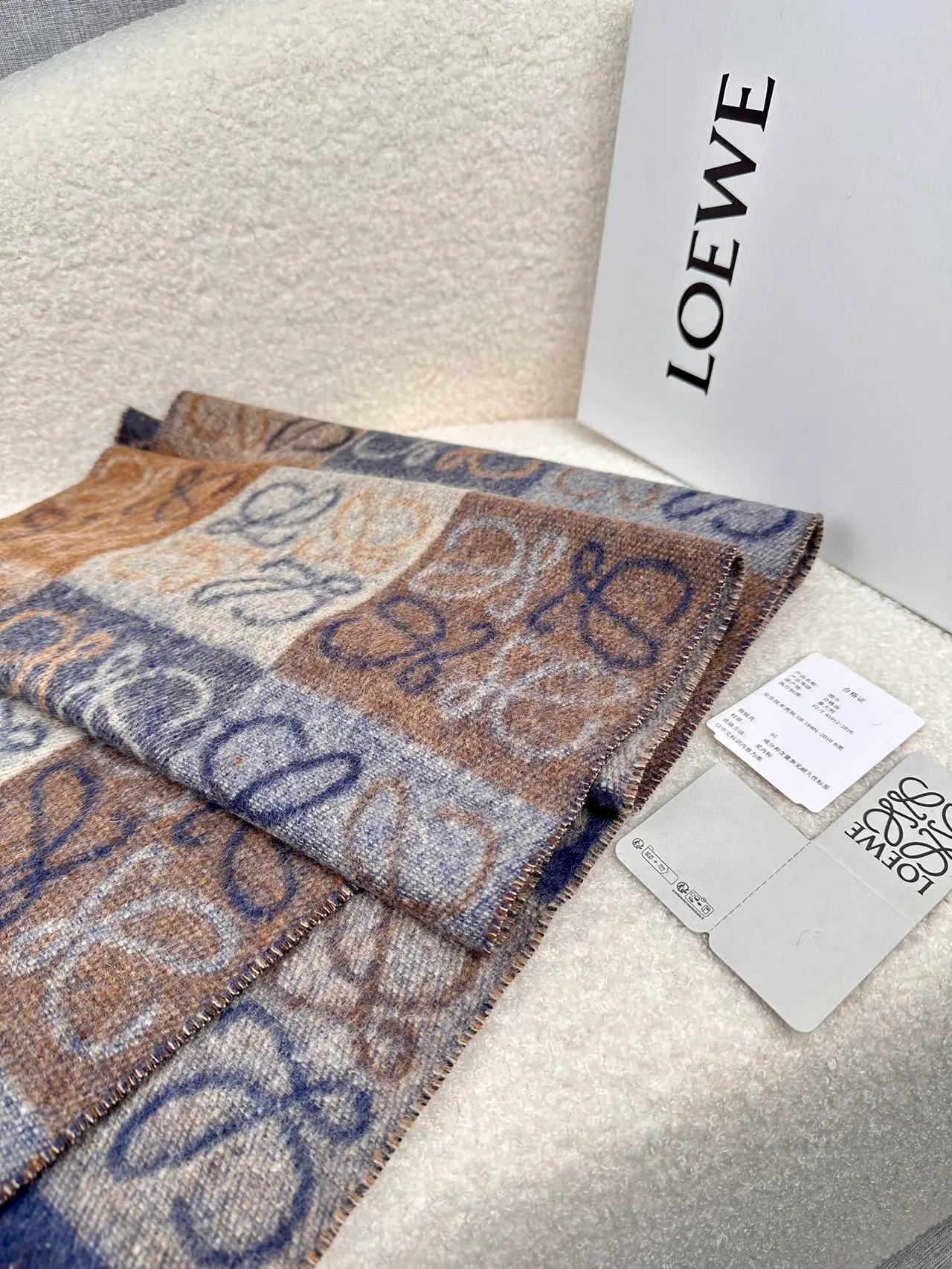 Loewe Monogram Jacquard Navy and Beige Cashmere Scarf